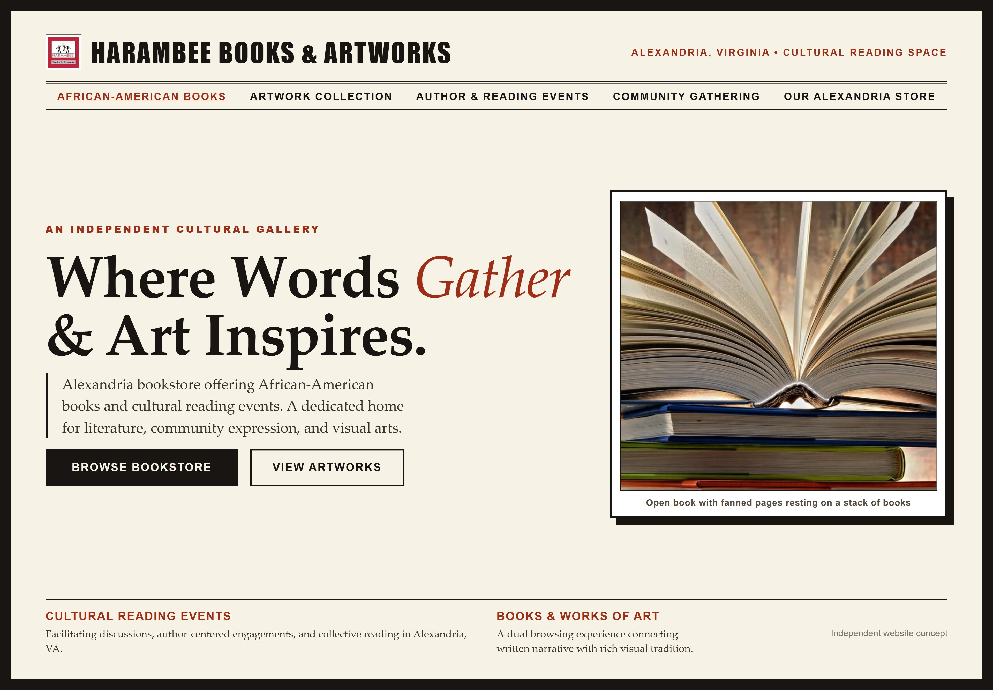 Harambee Books & Artworks, individual website design concept B