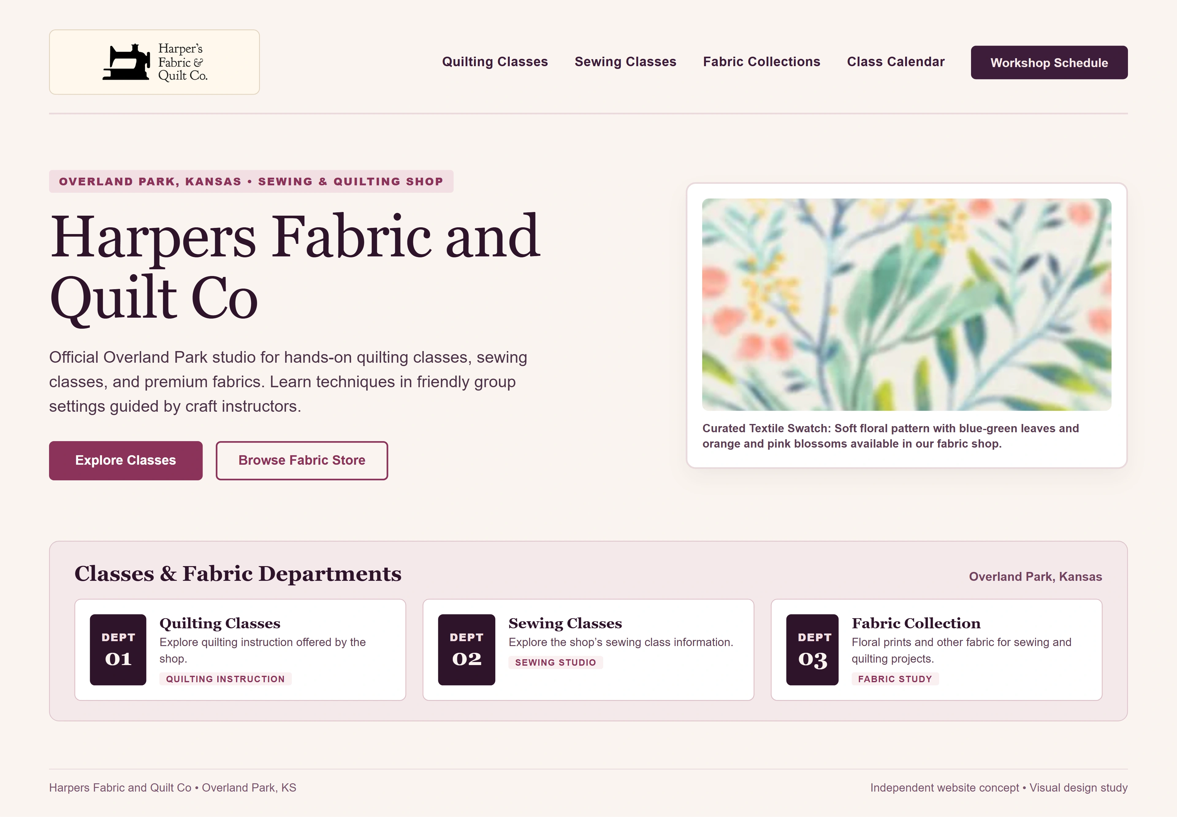 Harpers Fabric and Quilt Co, individual website design concept A