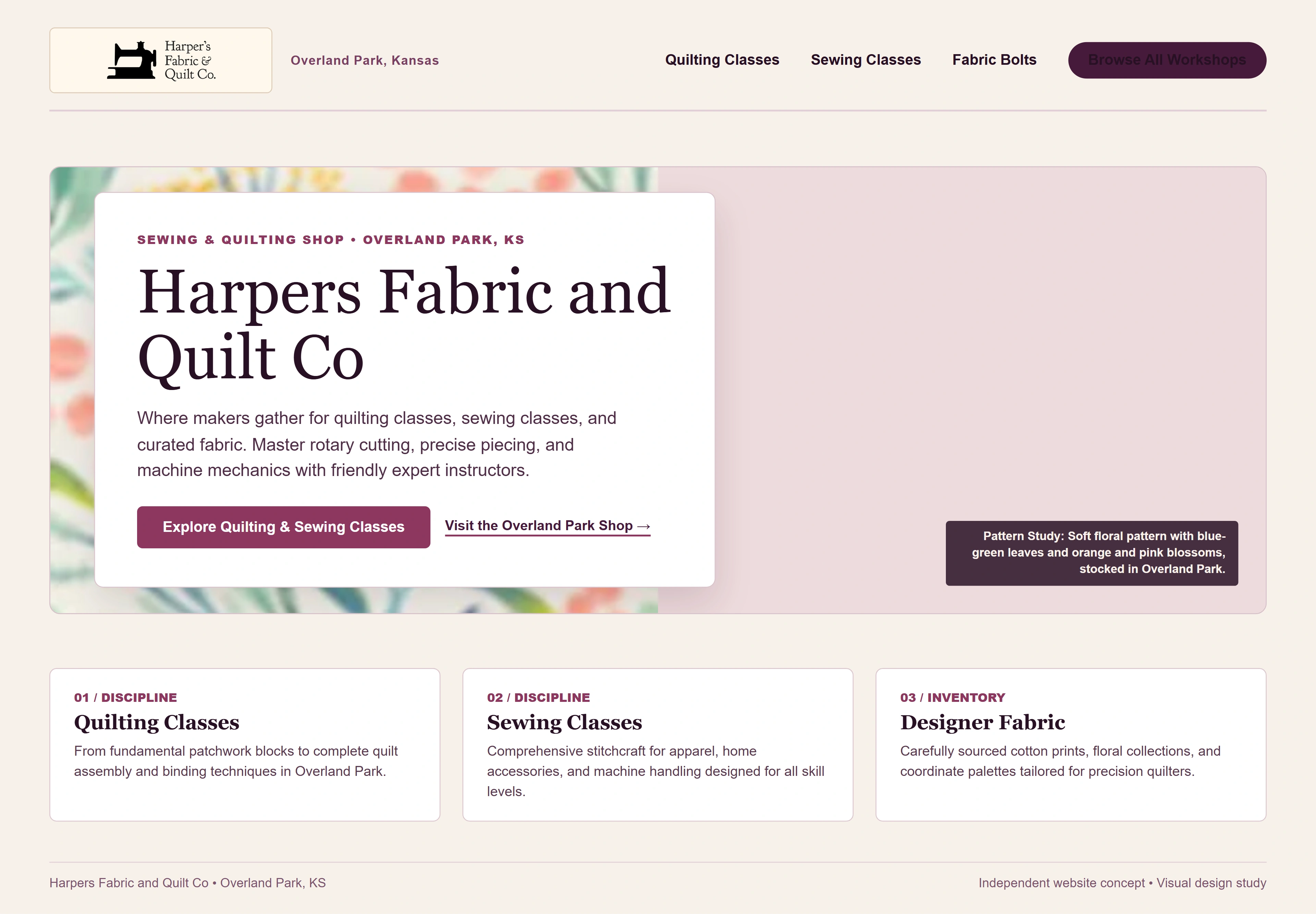Harpers Fabric and Quilt Co, individual website design concept C
