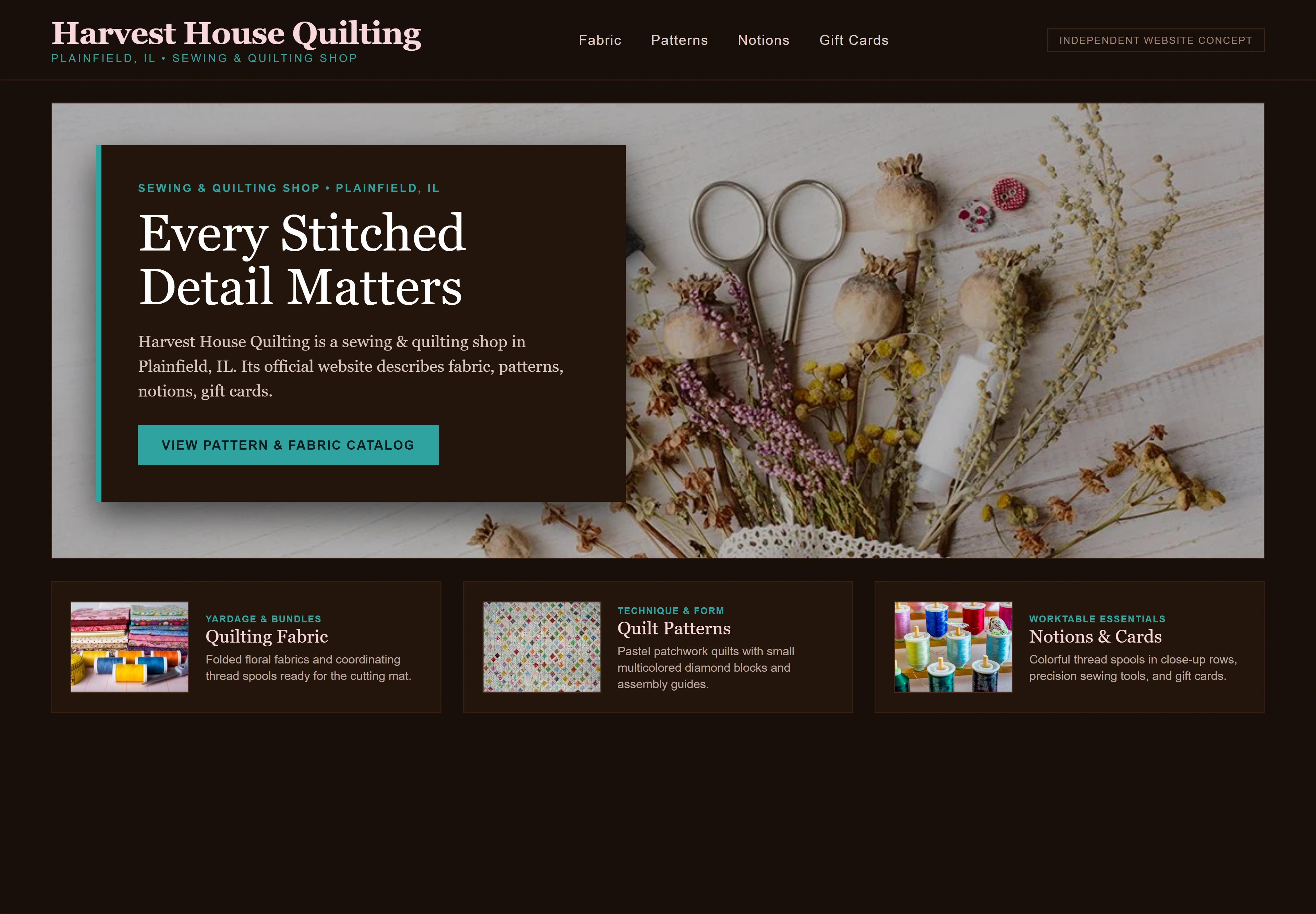 Harvest House Quilting, individual website design concept B
