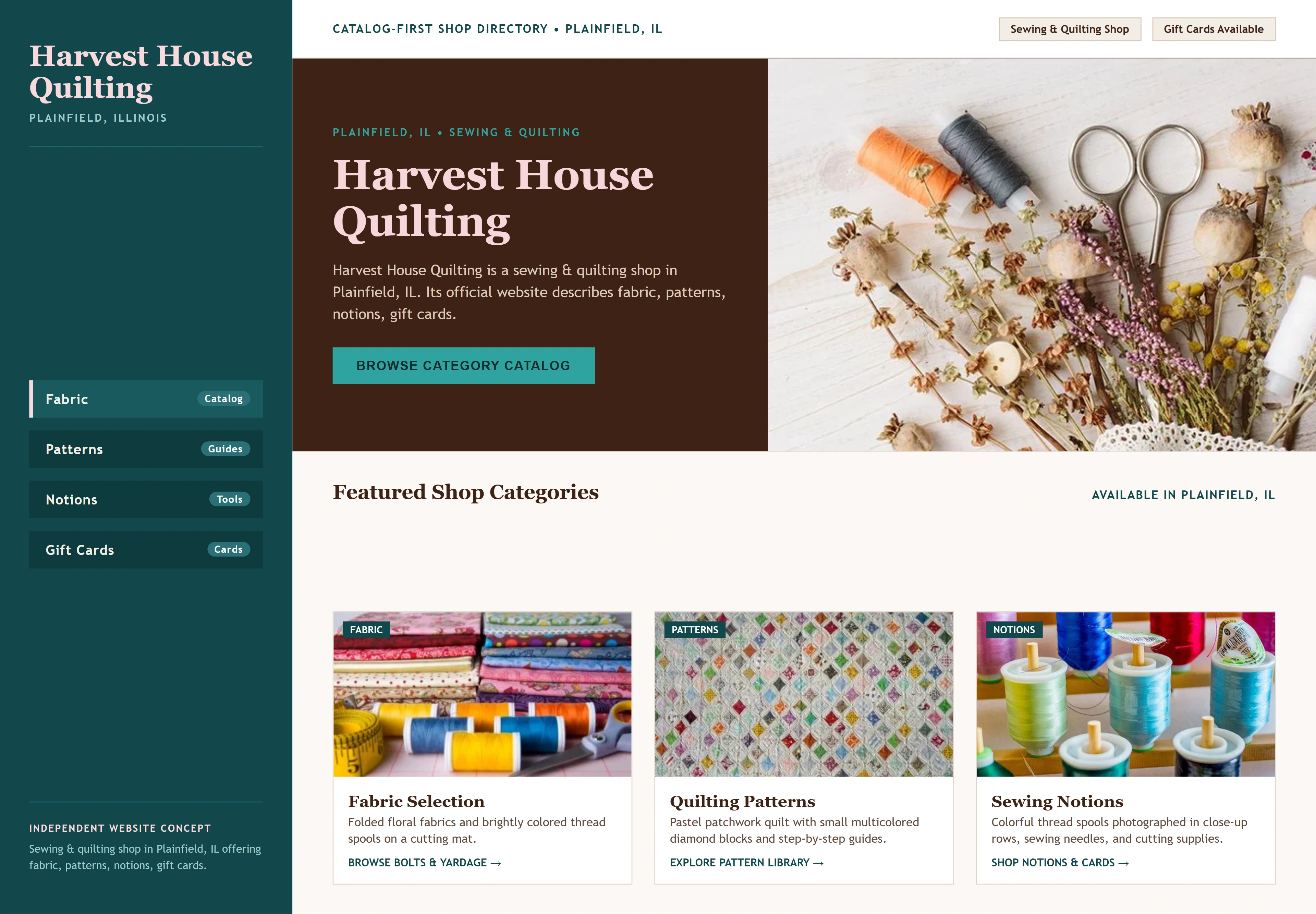 Harvest House Quilting, individual website design concept D