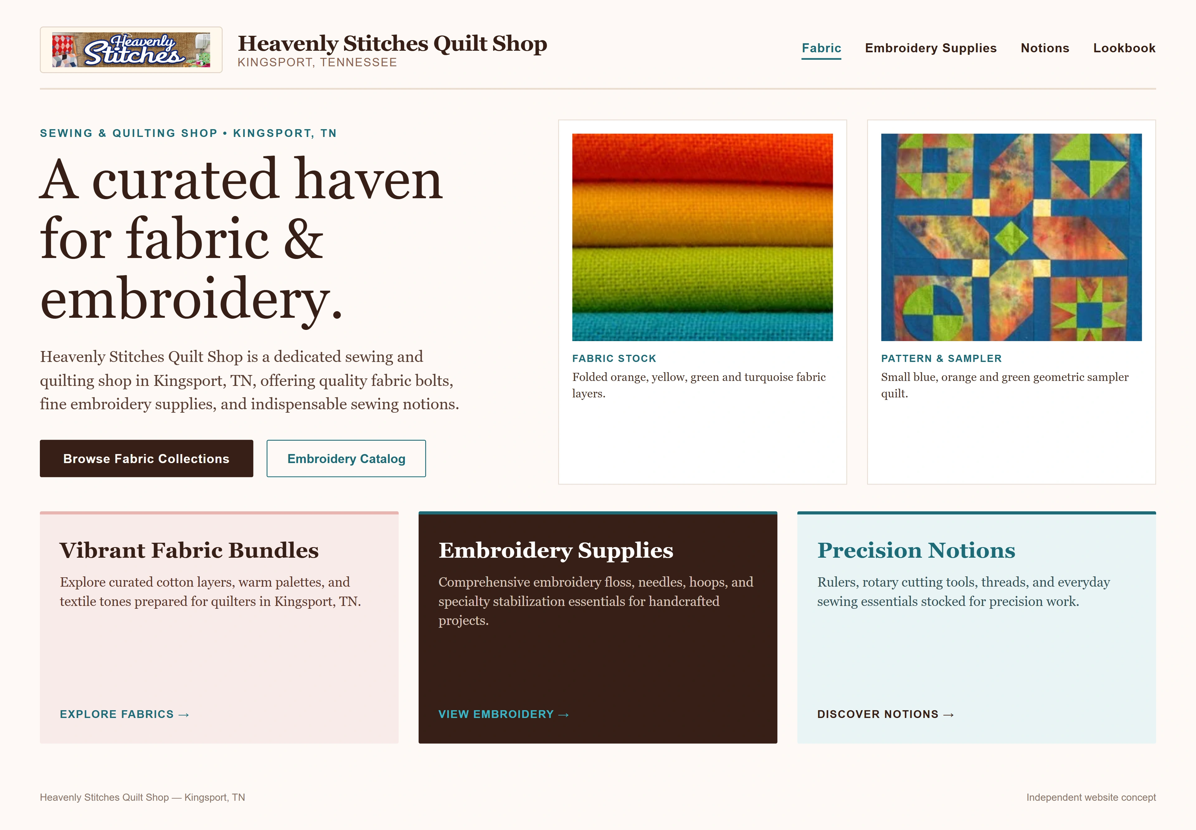 Heavenly Stitches Quilt Shop, individual website design concept A