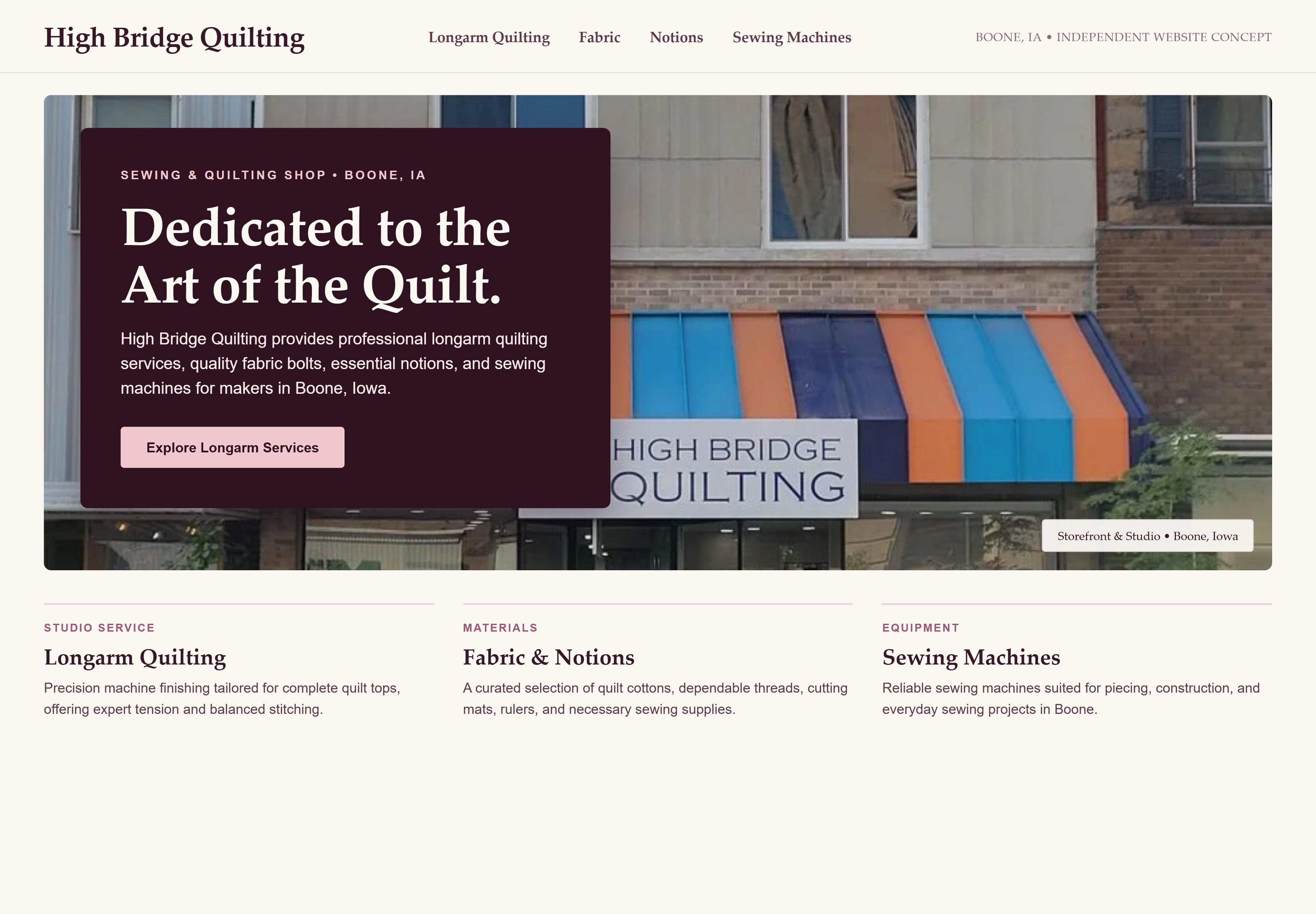 High Bridge Quilting, individual website design concept A