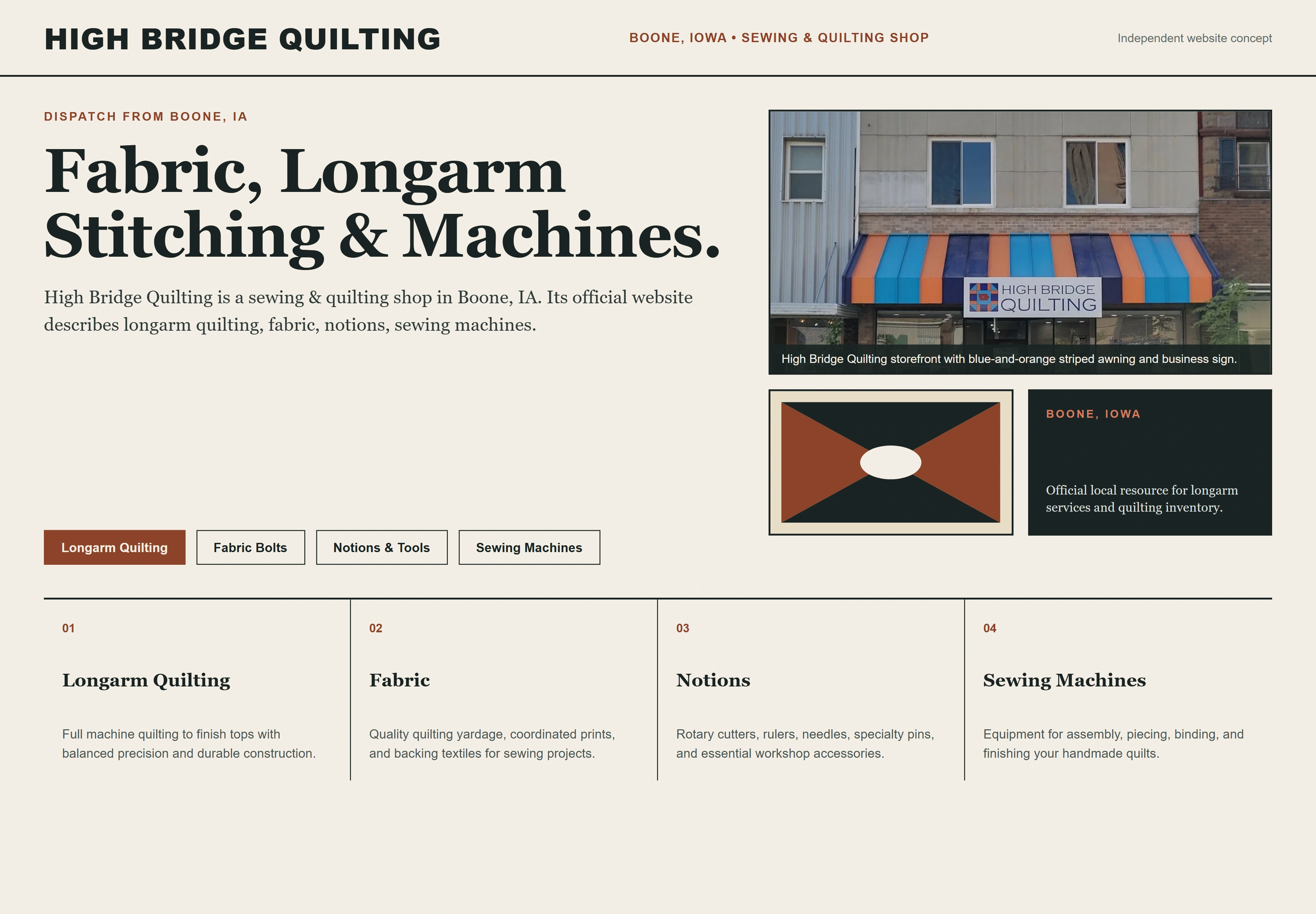 High Bridge Quilting, individual website design concept B