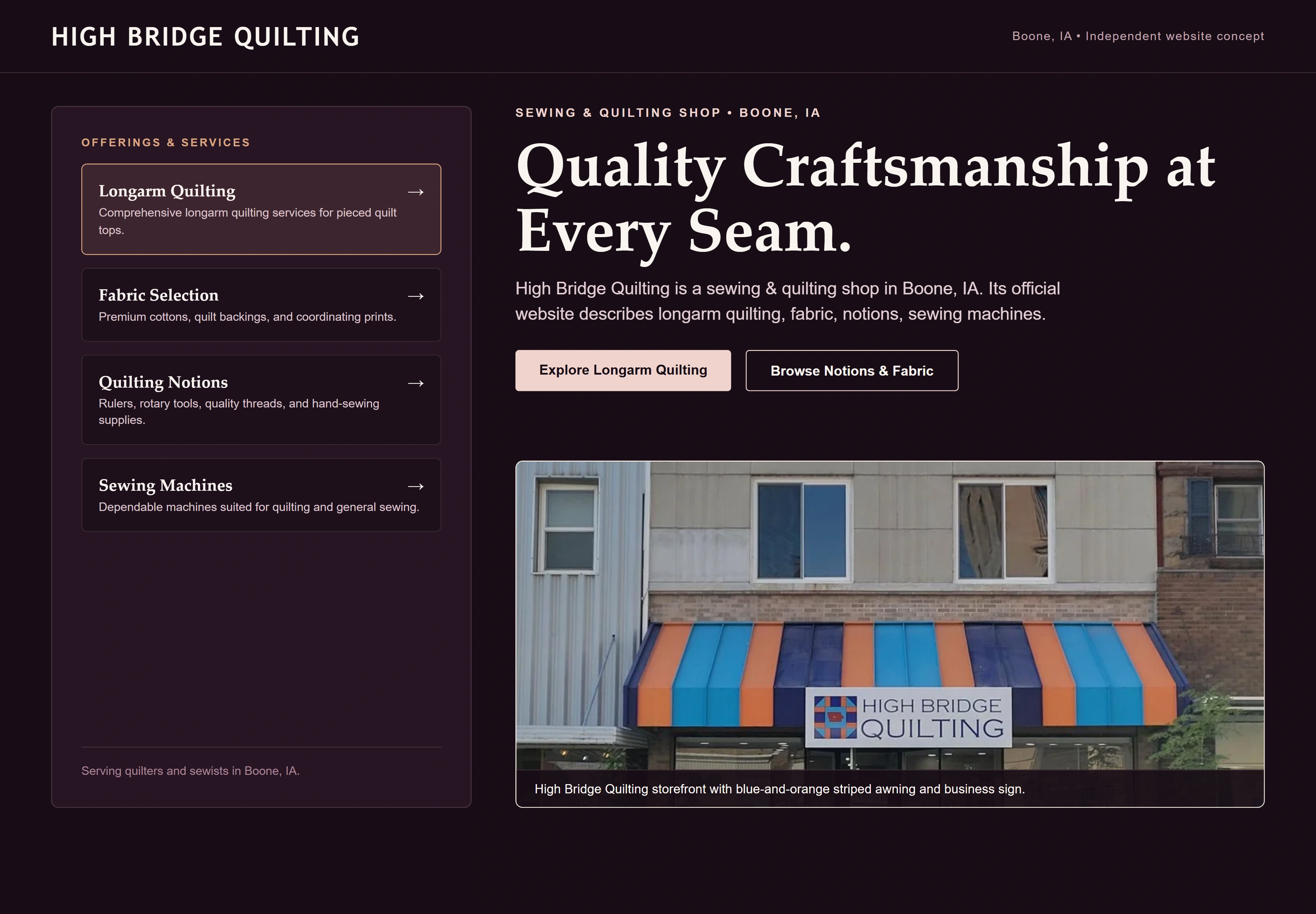 High Bridge Quilting, individual website design concept C