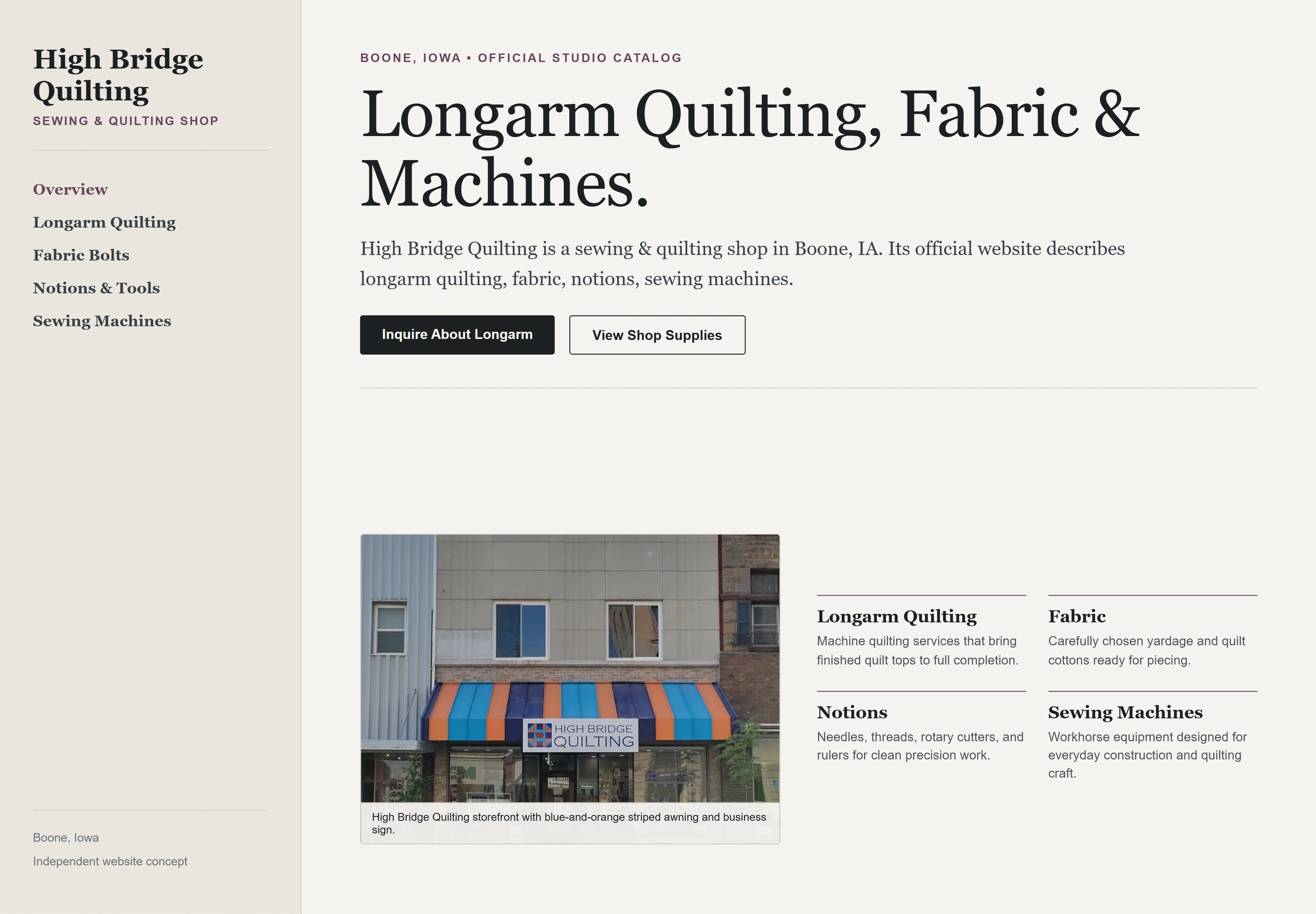 High Bridge Quilting, individual website design concept D