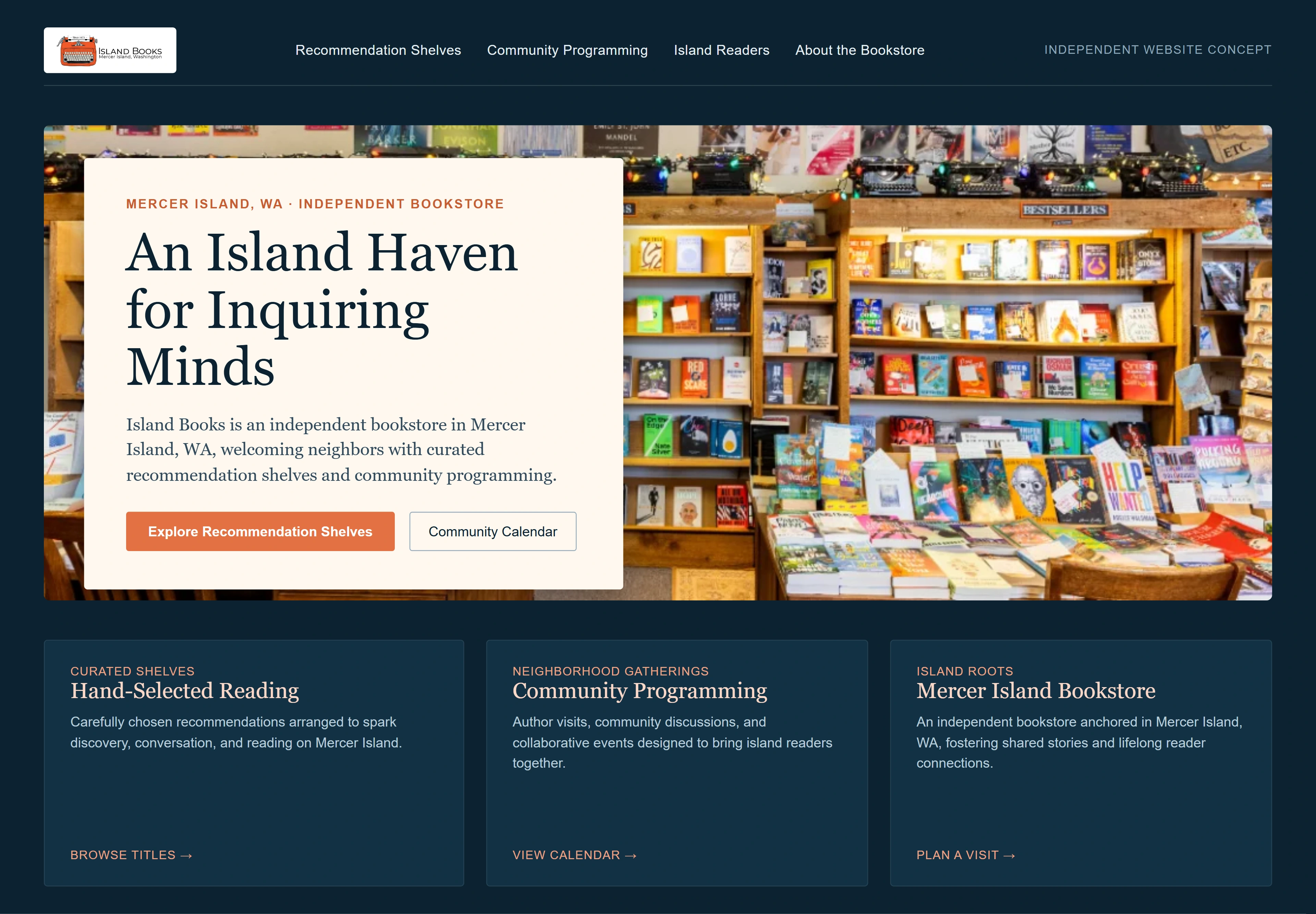 Island Books, individual website design concept A