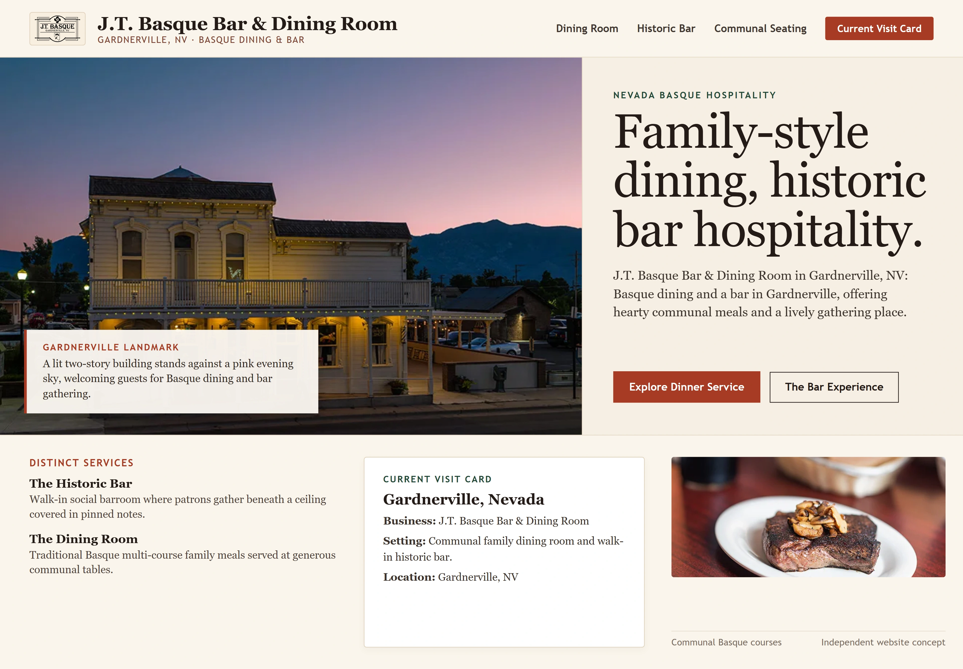 J.T. Basque Bar & Dining Room, individual website design concept A