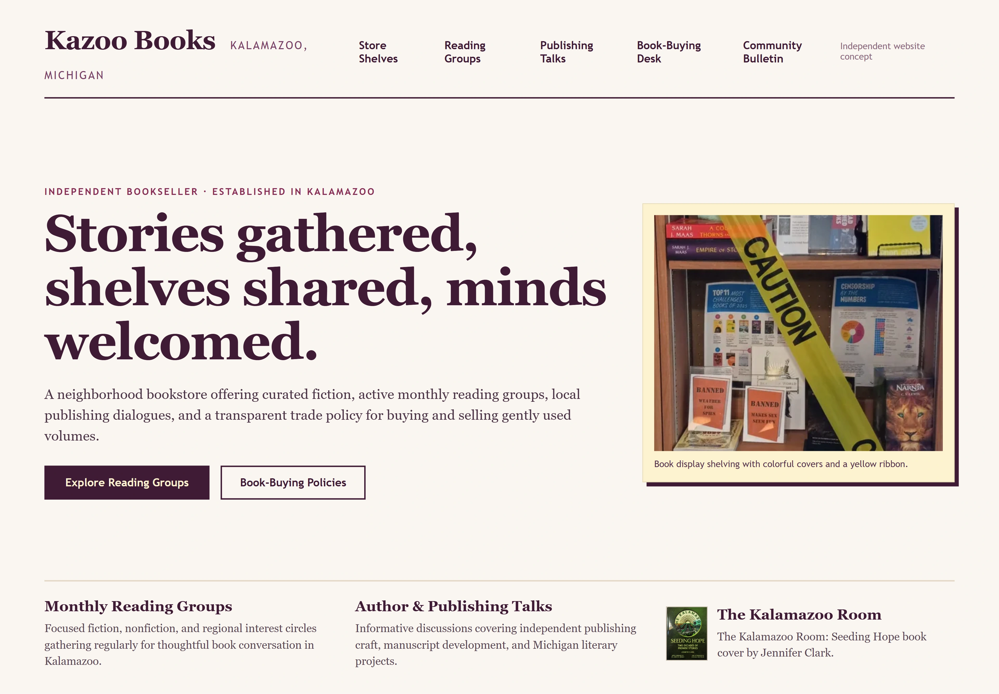Kazoo Books, individual website design concept A