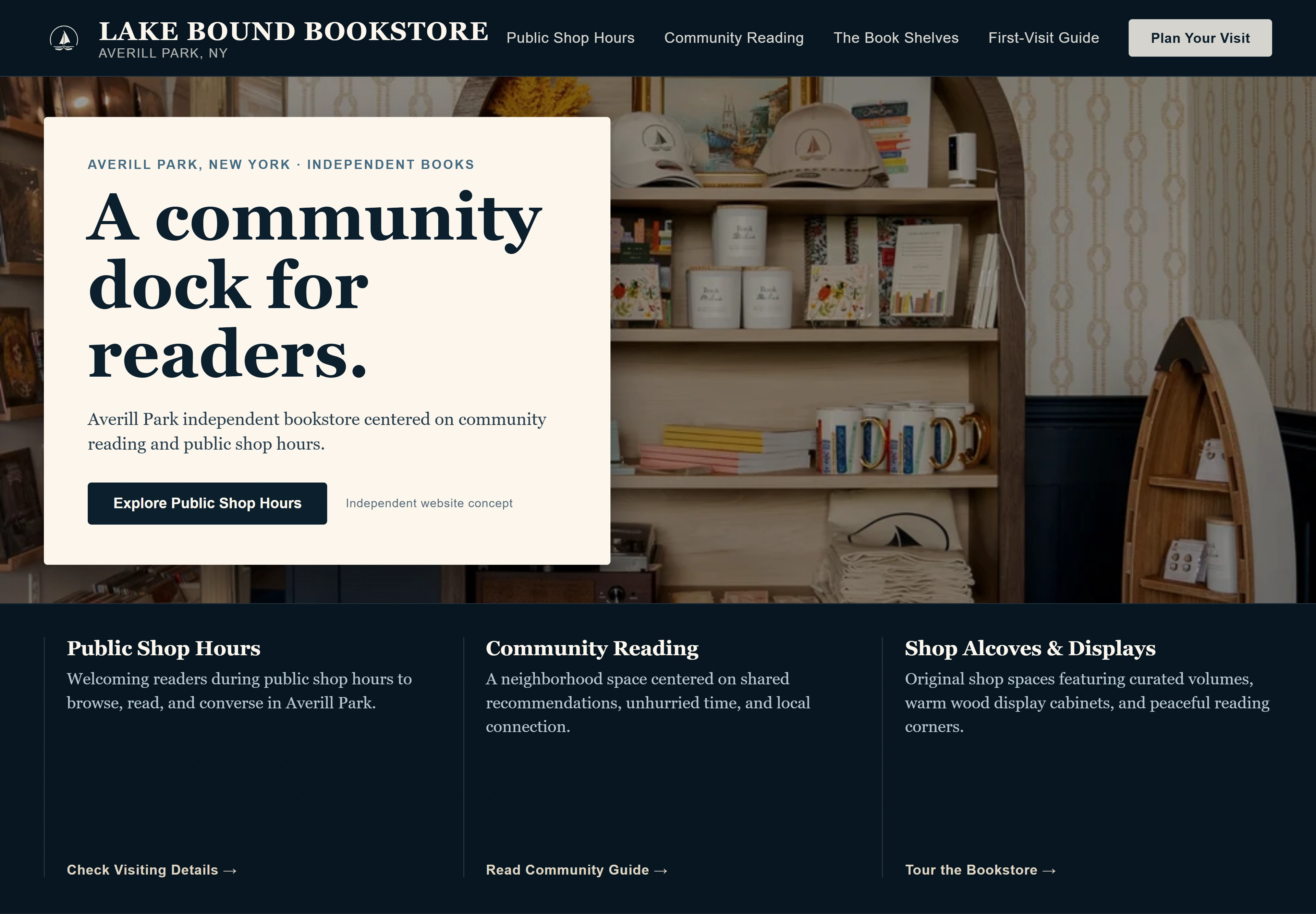 Lake Bound Bookstore, individual website design concept A