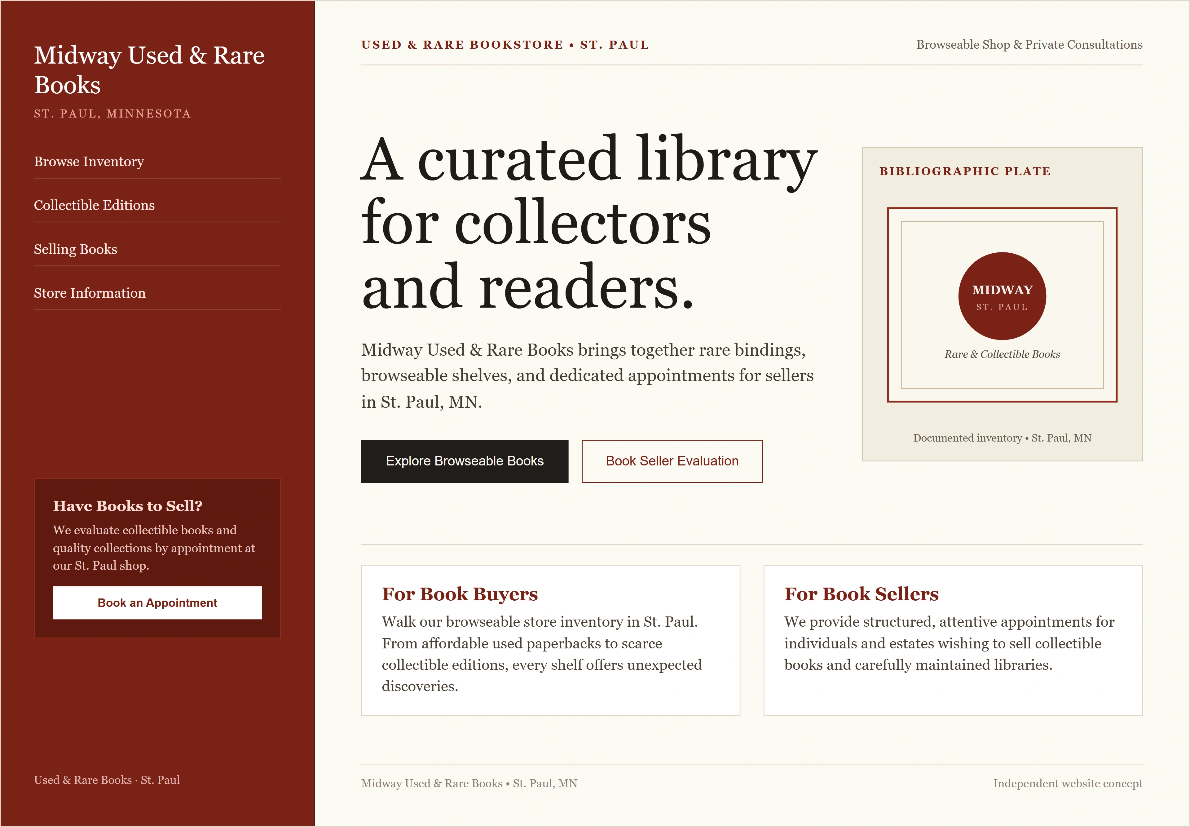 Midway Used & Rare Books, individual website design concept C