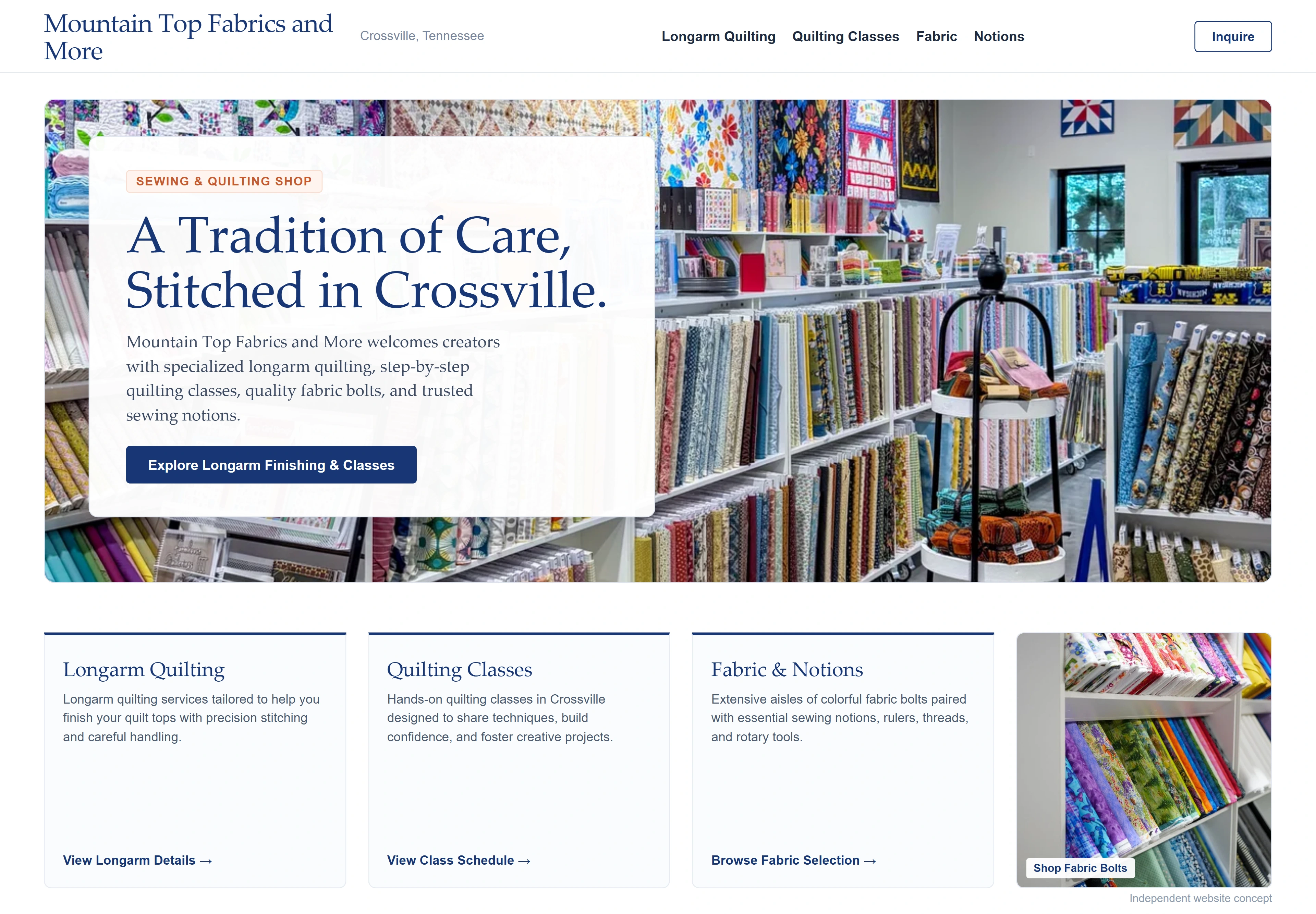 Mountain Top Fabrics and More, individual website design concept D