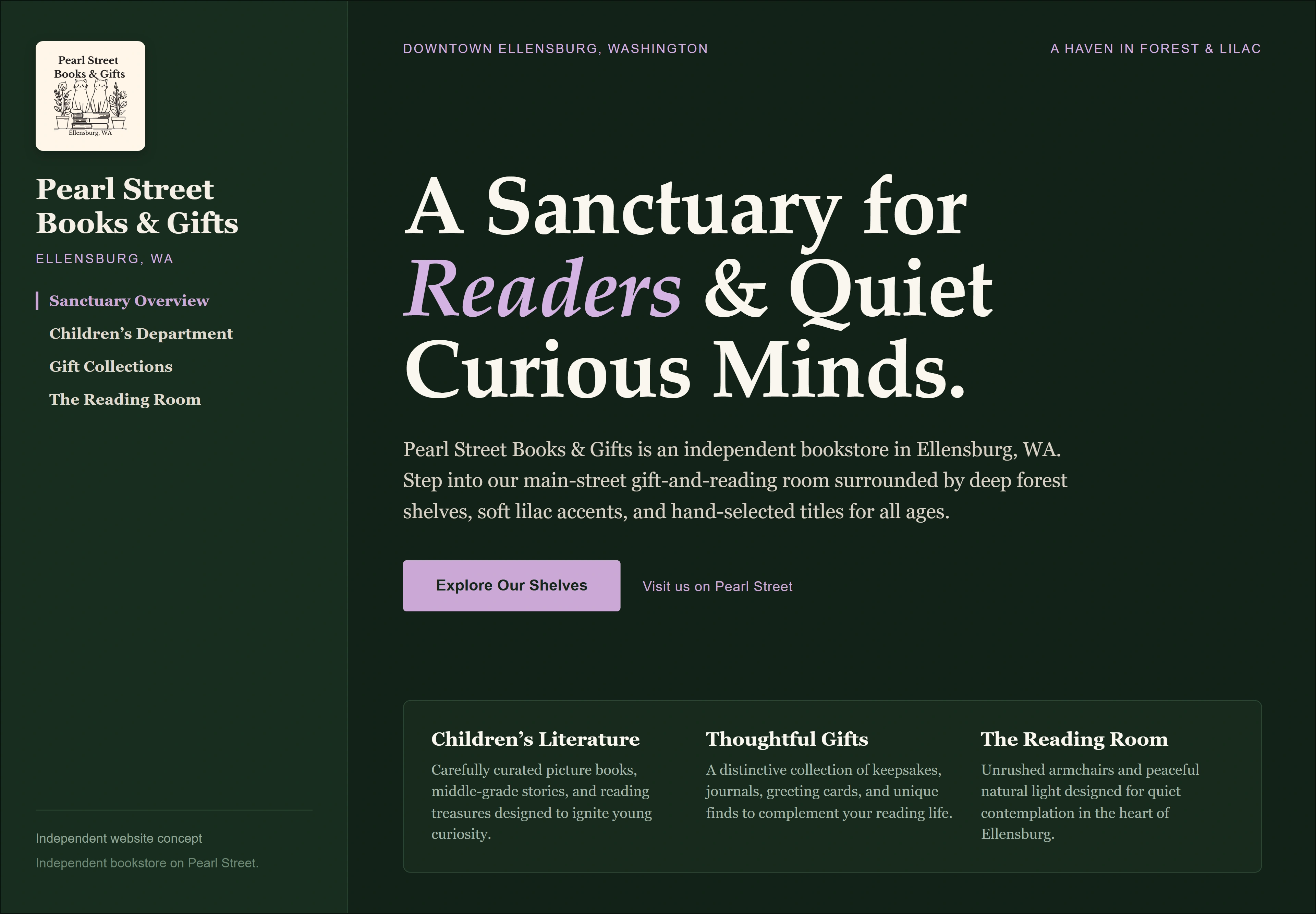 Pearl Street Books & Gifts, individual website design concept B
