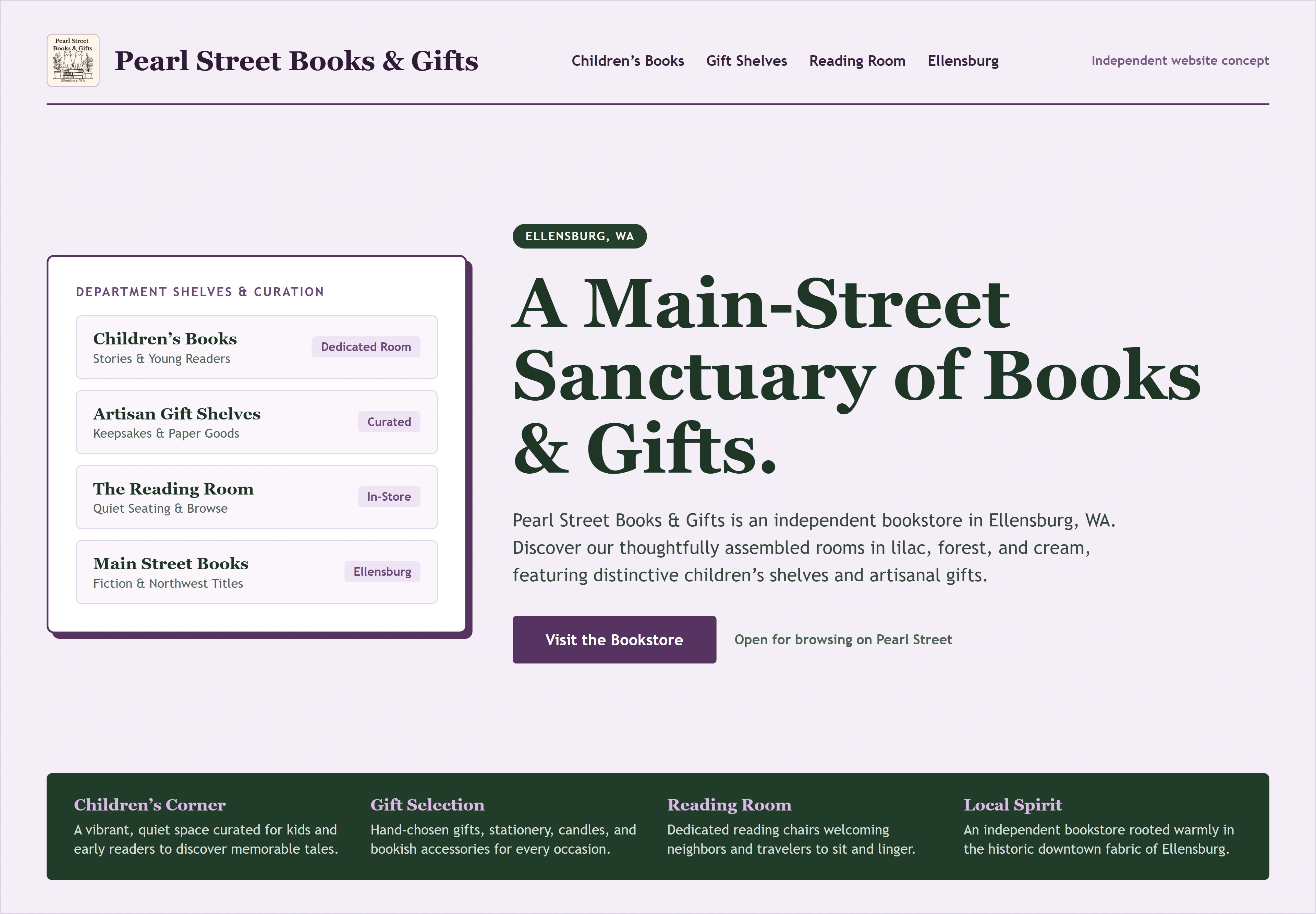 Pearl Street Books & Gifts, individual website design concept C