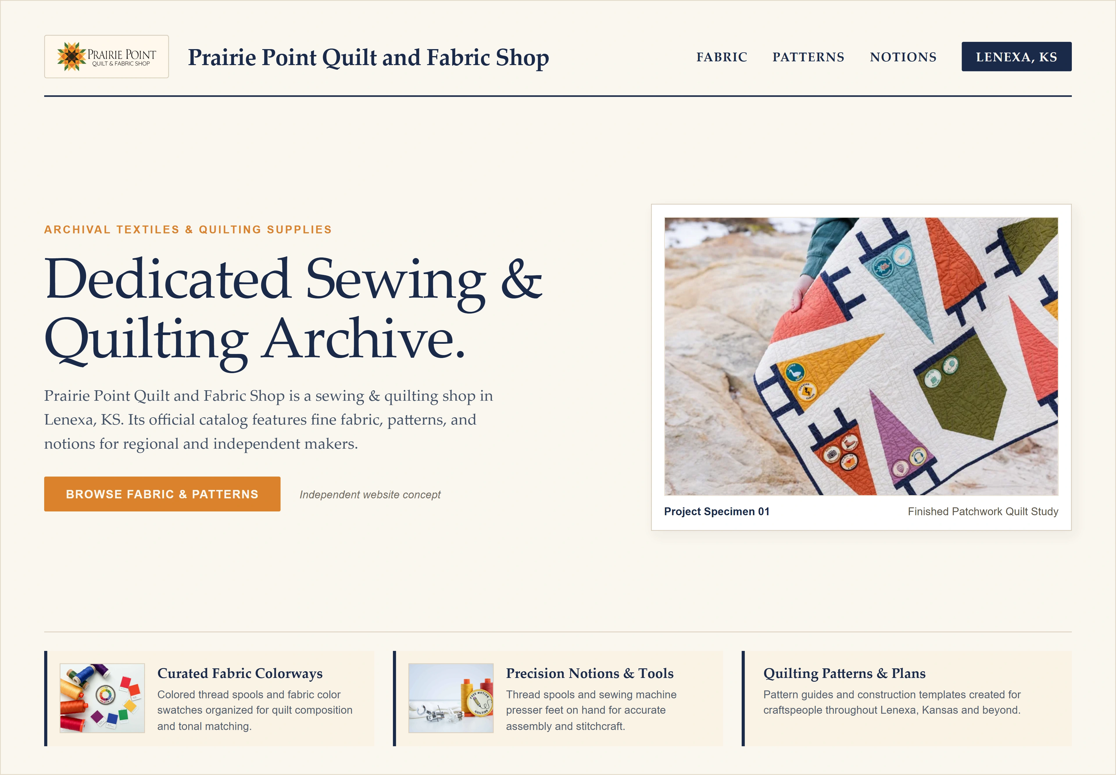 Prairie Point Quilt and Fabric Shop, individual website design concept A
