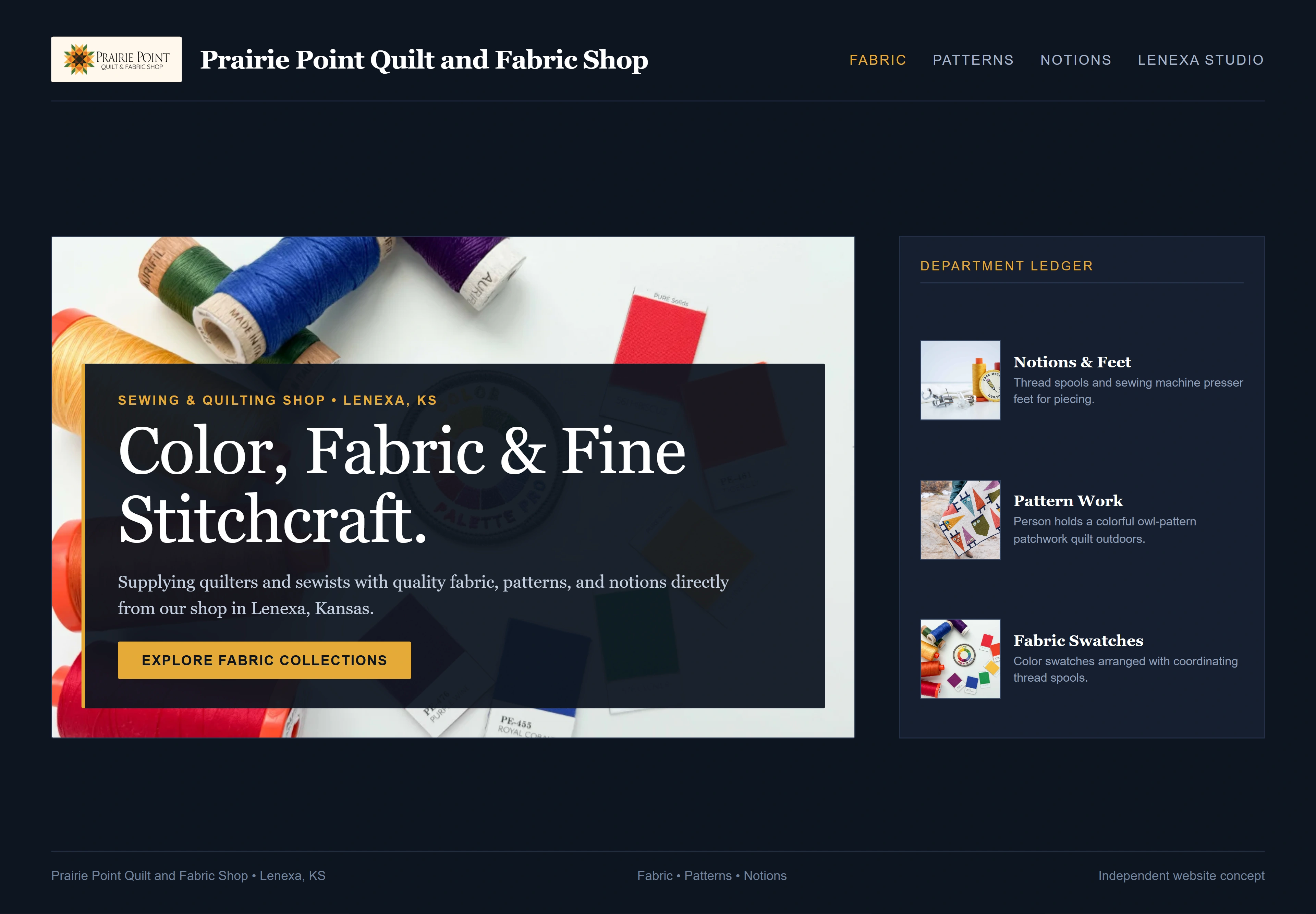 Prairie Point Quilt and Fabric Shop, individual website design concept B