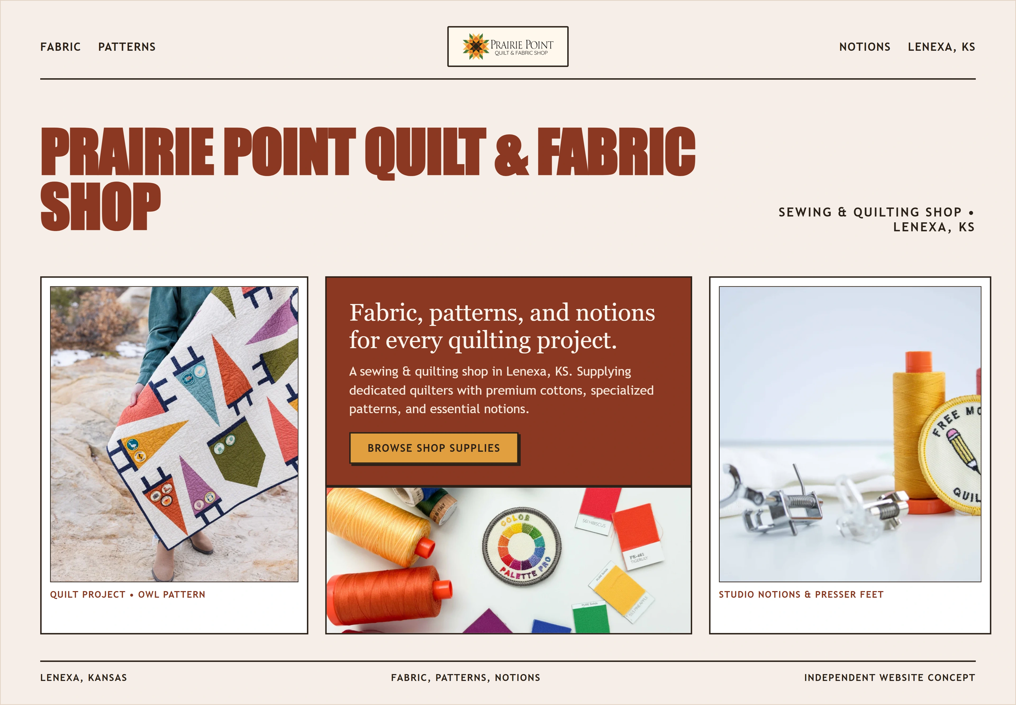 Prairie Point Quilt and Fabric Shop, individual website design concept C
