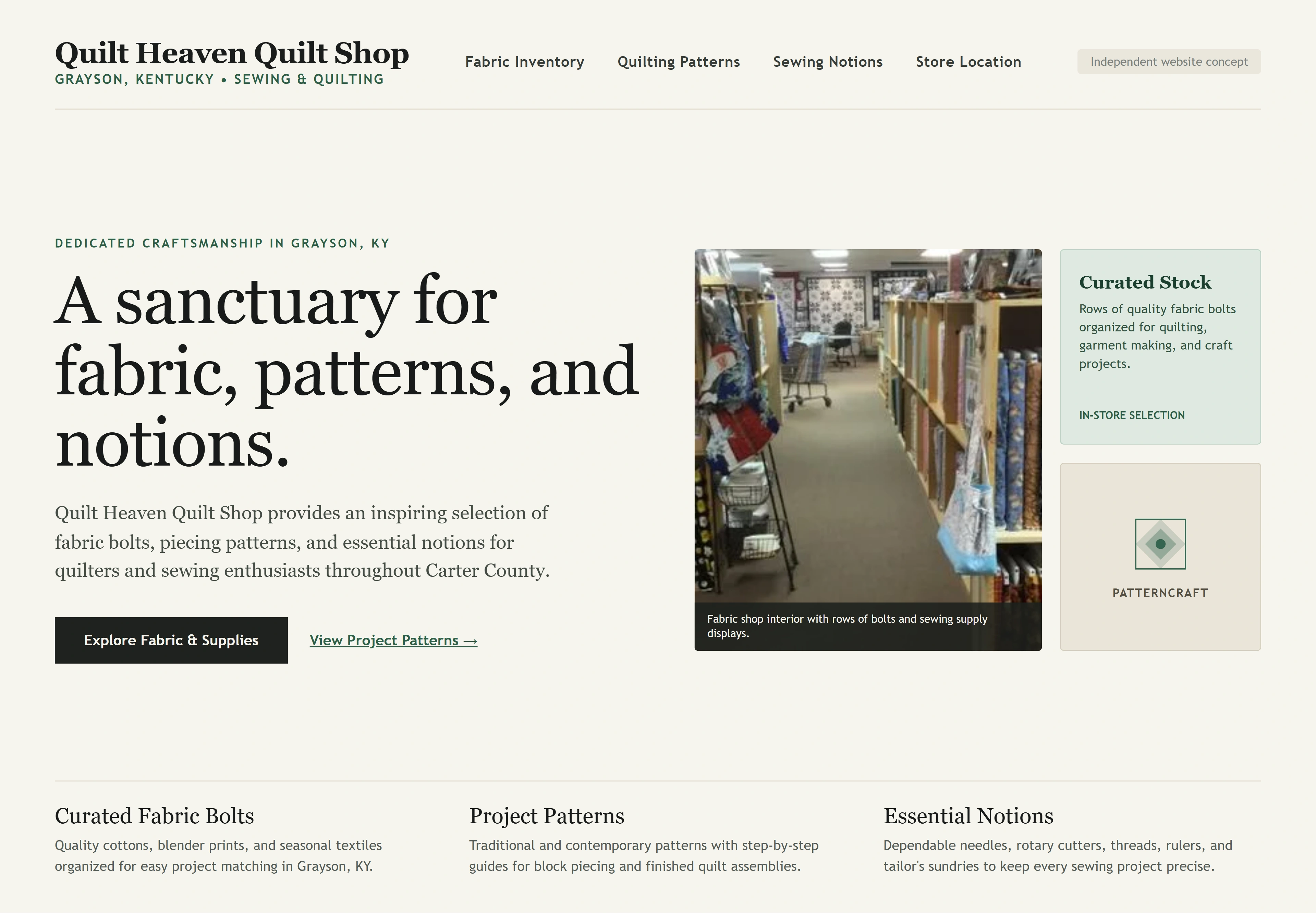 Quilt Heaven Quilt Shop, individual website design concept A