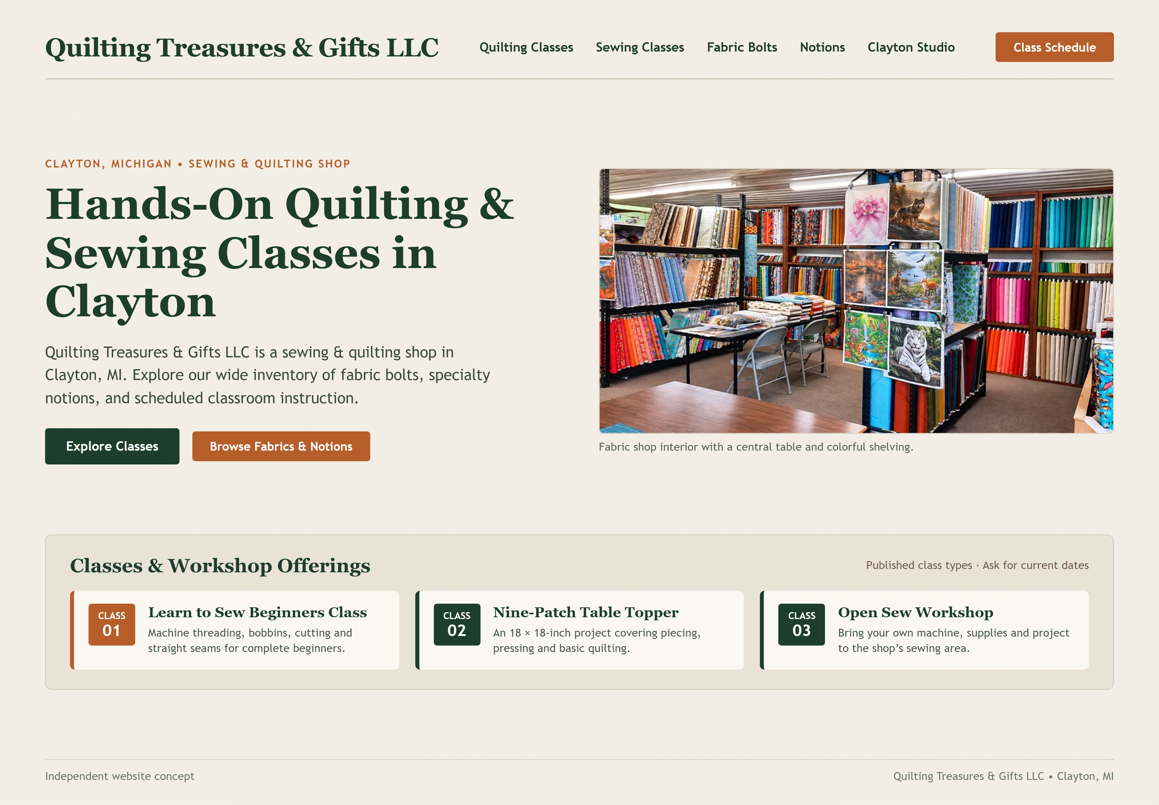 Quilting Treasures & Gifts LLC, individual website design concept A