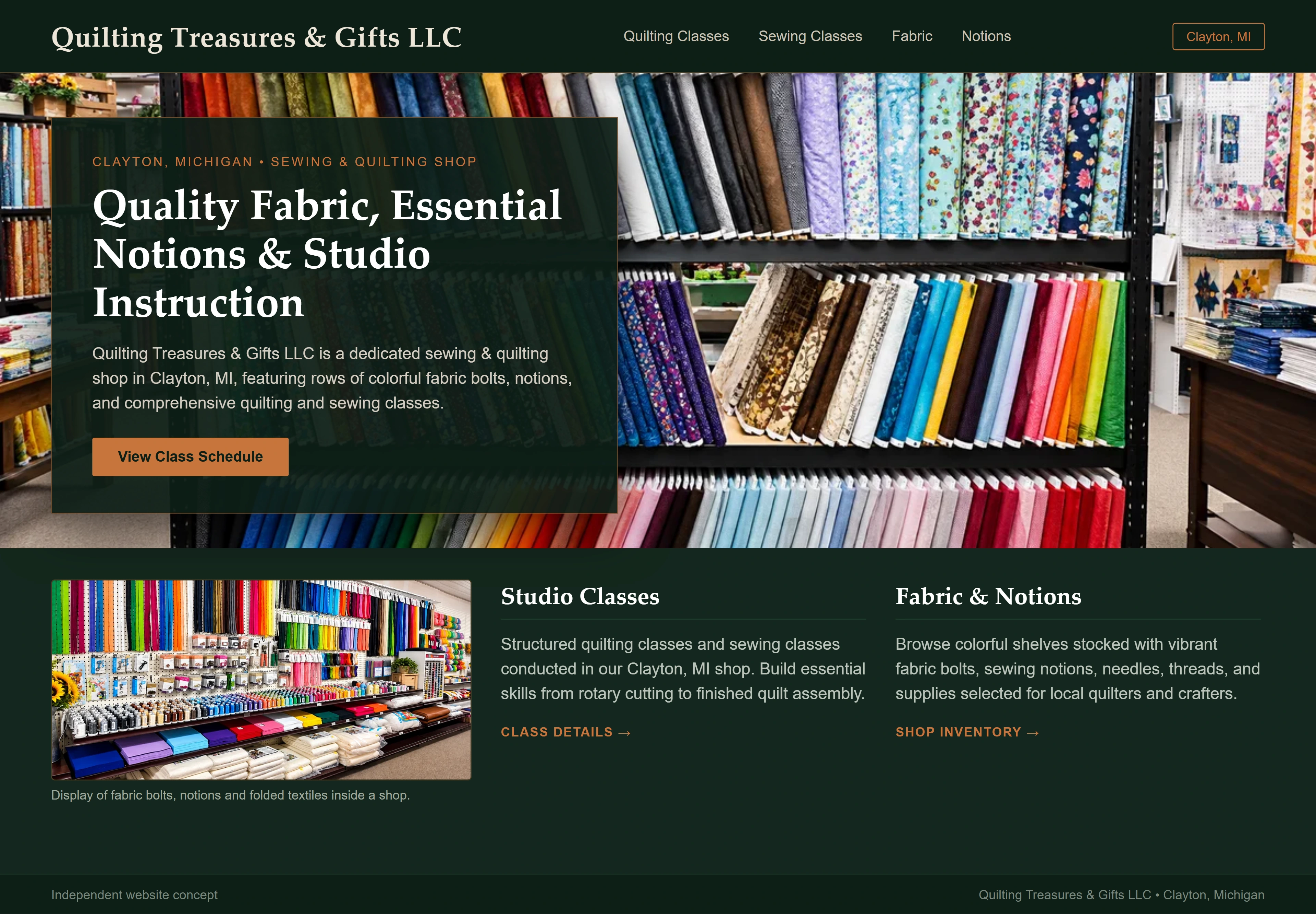 Quilting Treasures & Gifts LLC, individual website design concept B