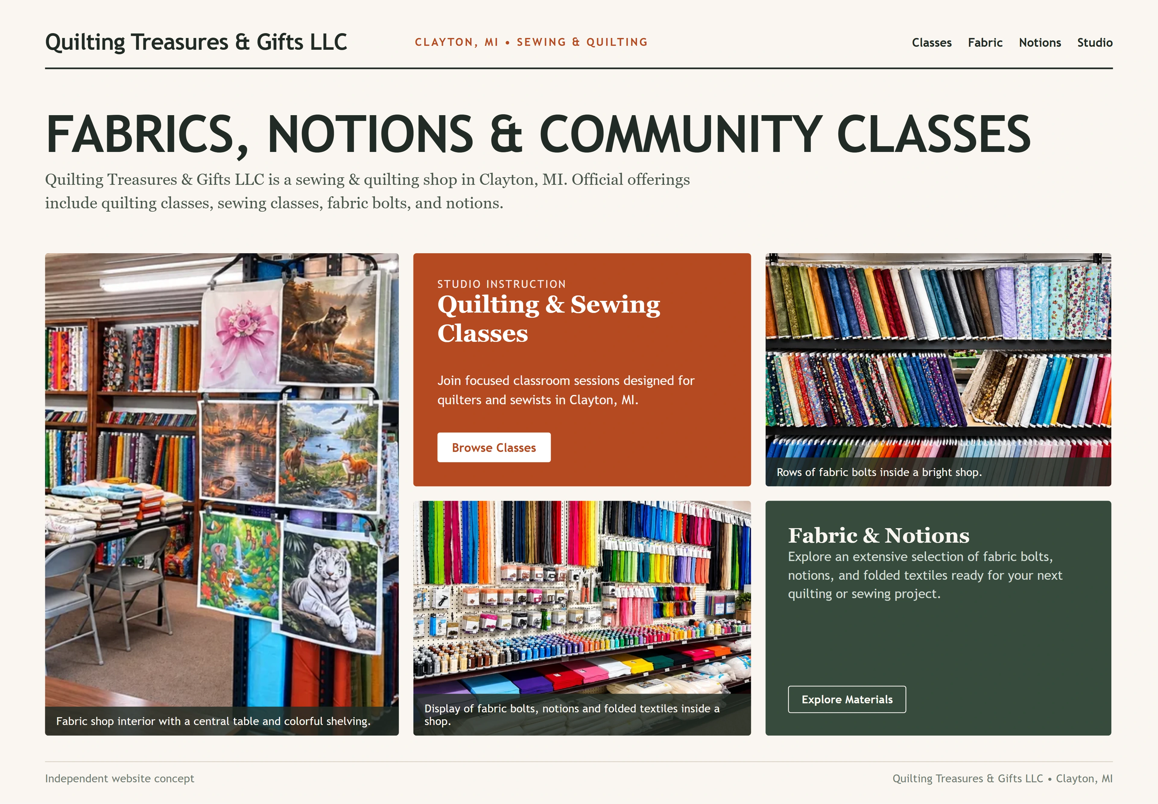 Quilting Treasures & Gifts LLC, individual website design concept C