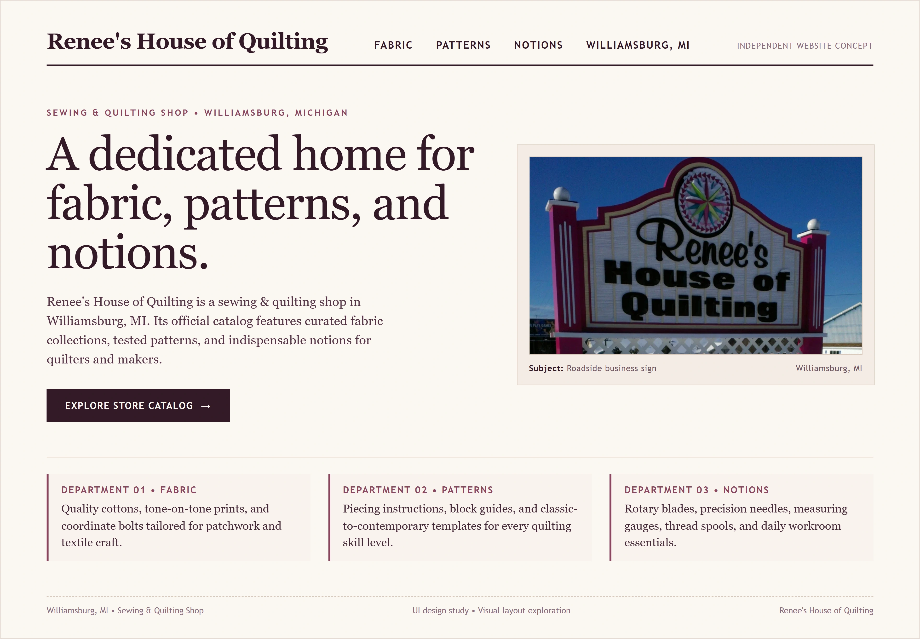 Renee's House of Quilting, individual website design concept A