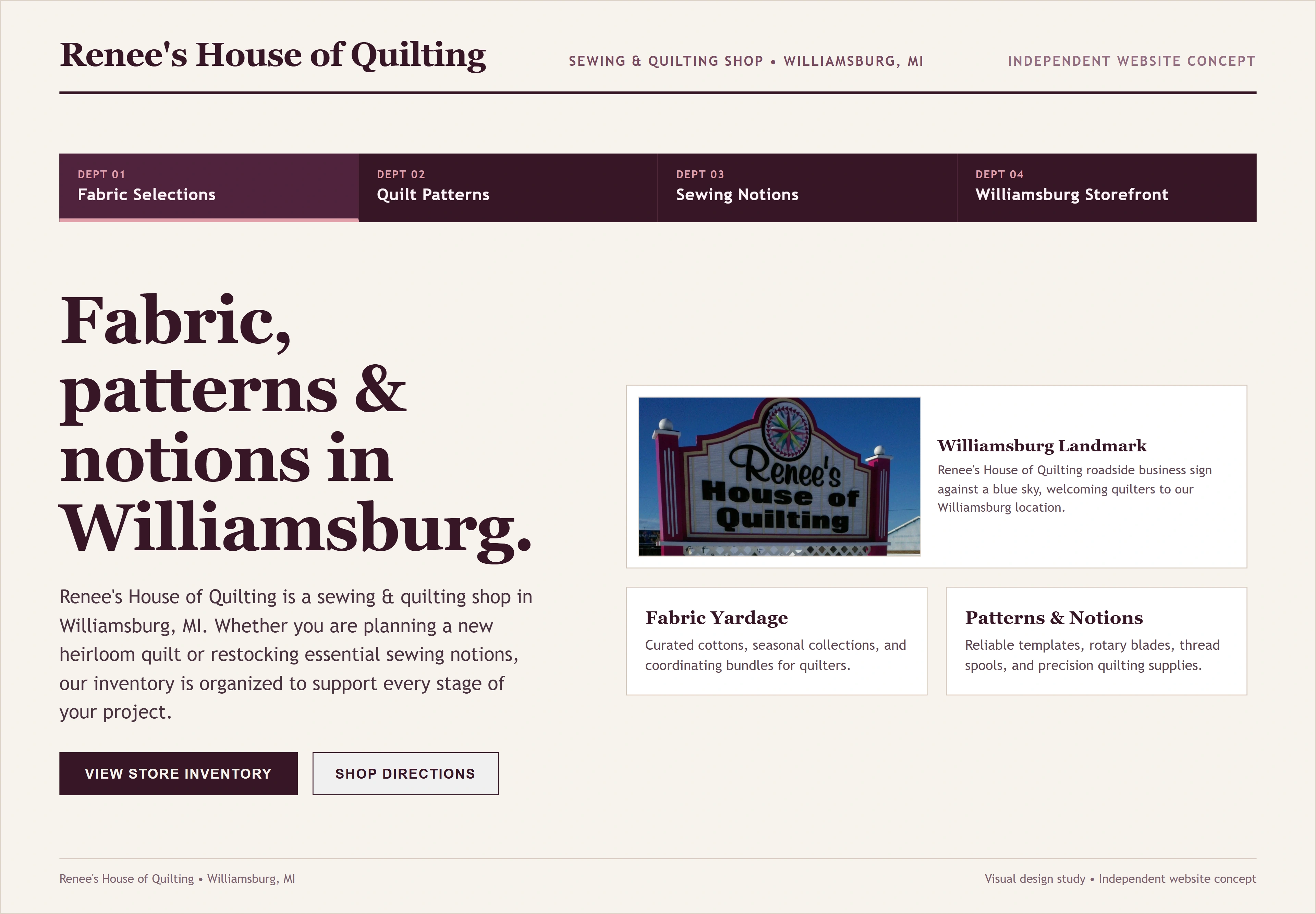 Renee's House of Quilting, individual website design concept C