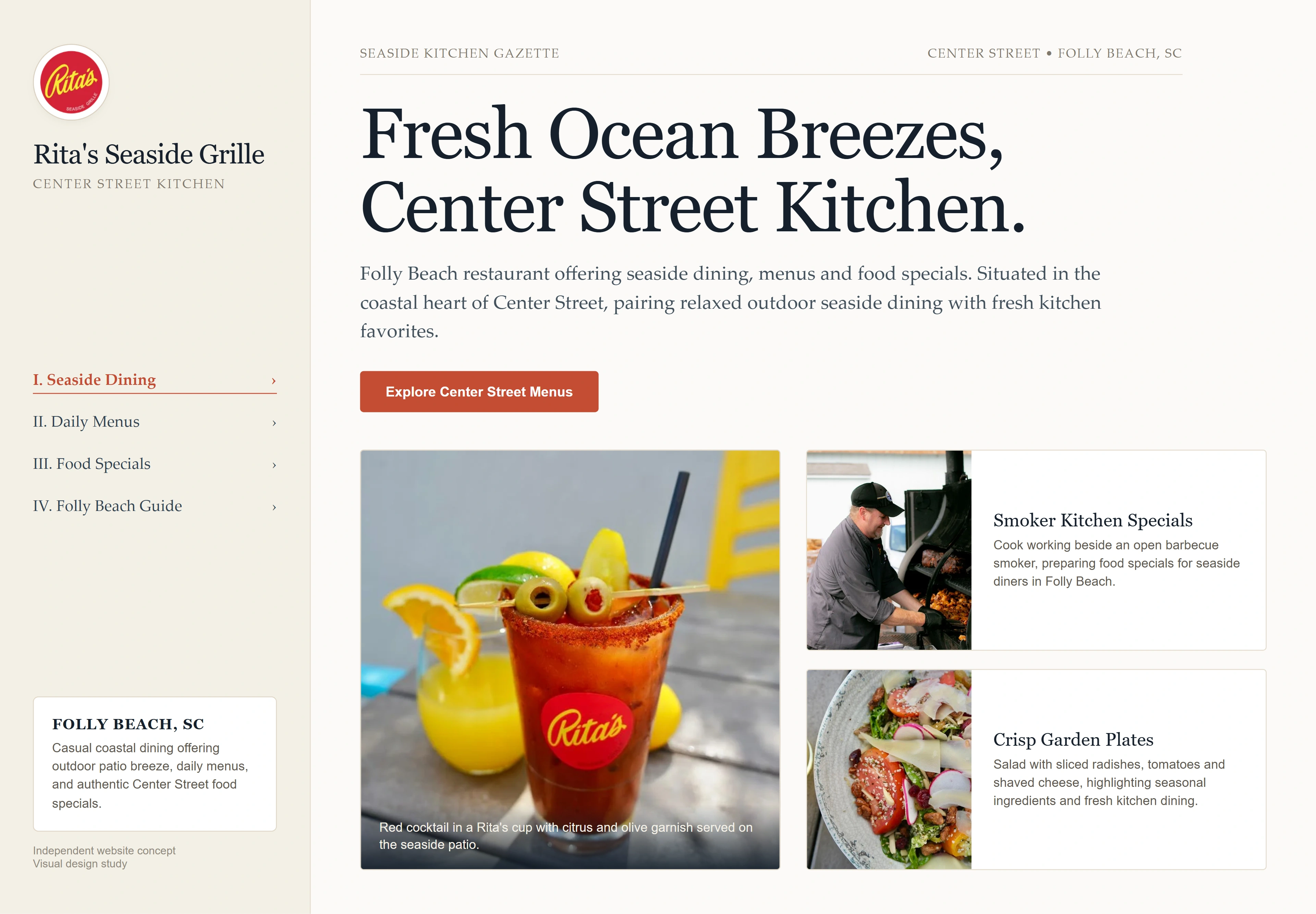 Rita's Seaside Grille - Center Street Kitchen, individual website design concept D