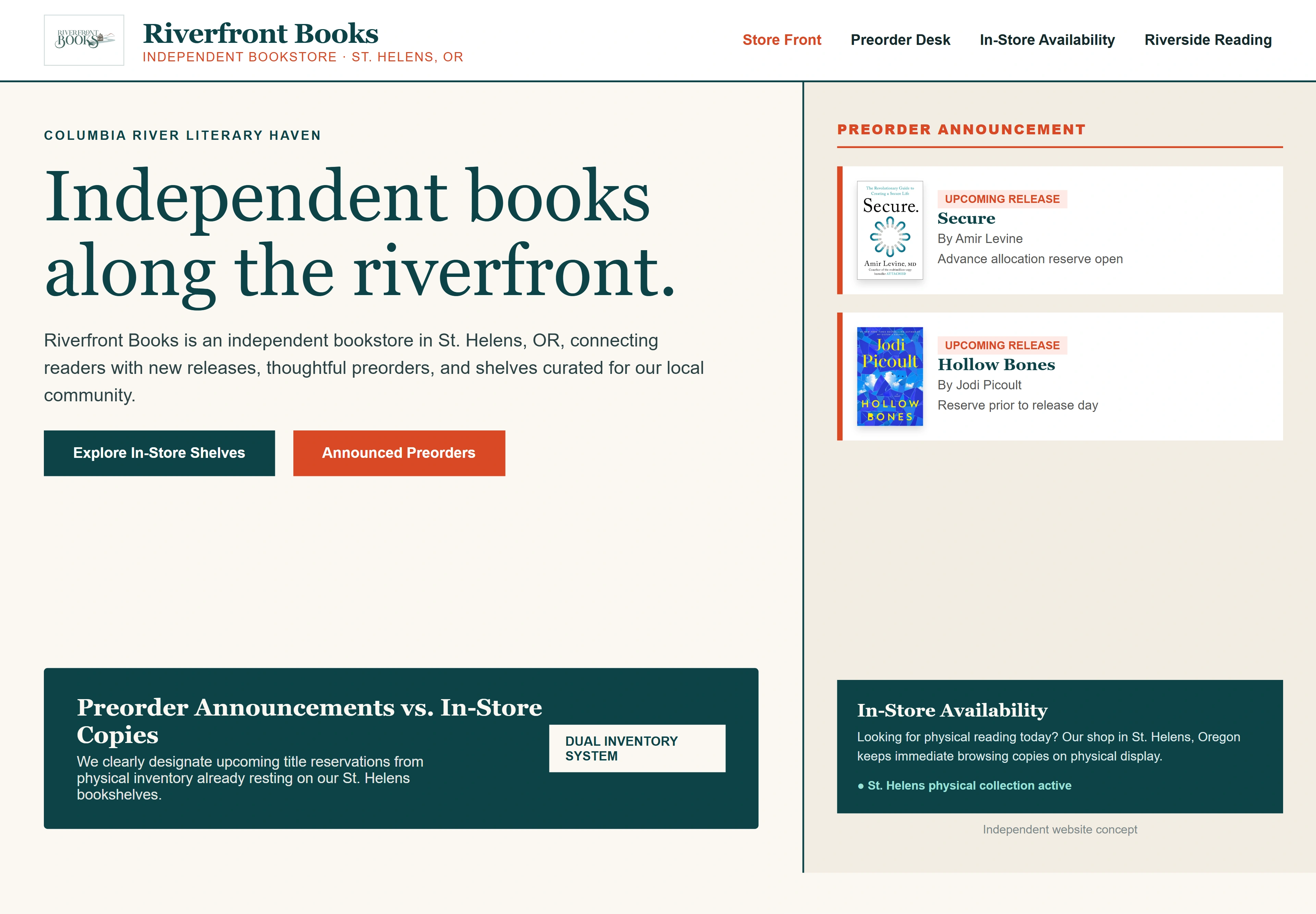 Riverfront Books, individual website design concept A