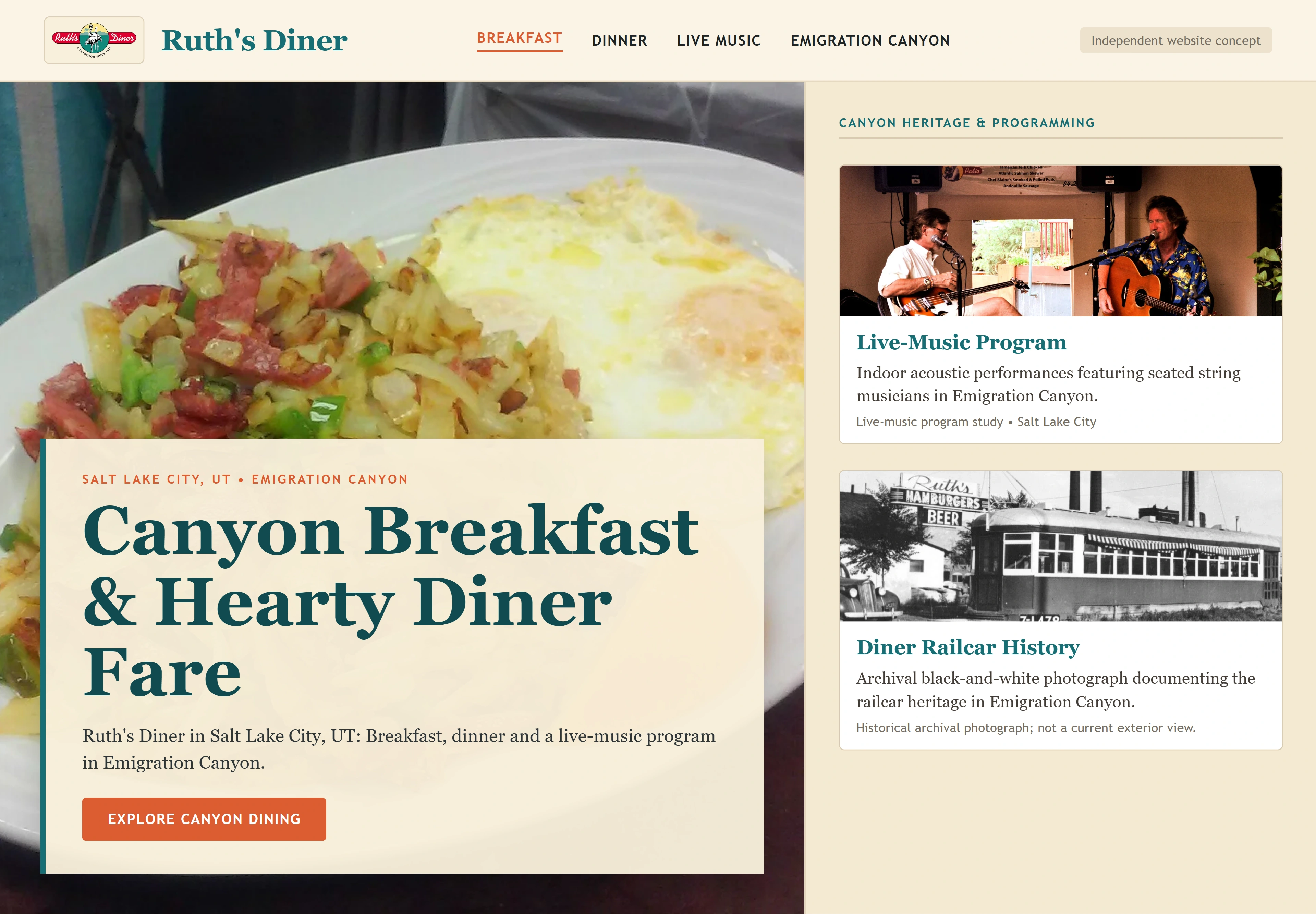 Ruth's Diner, individual website design concept A