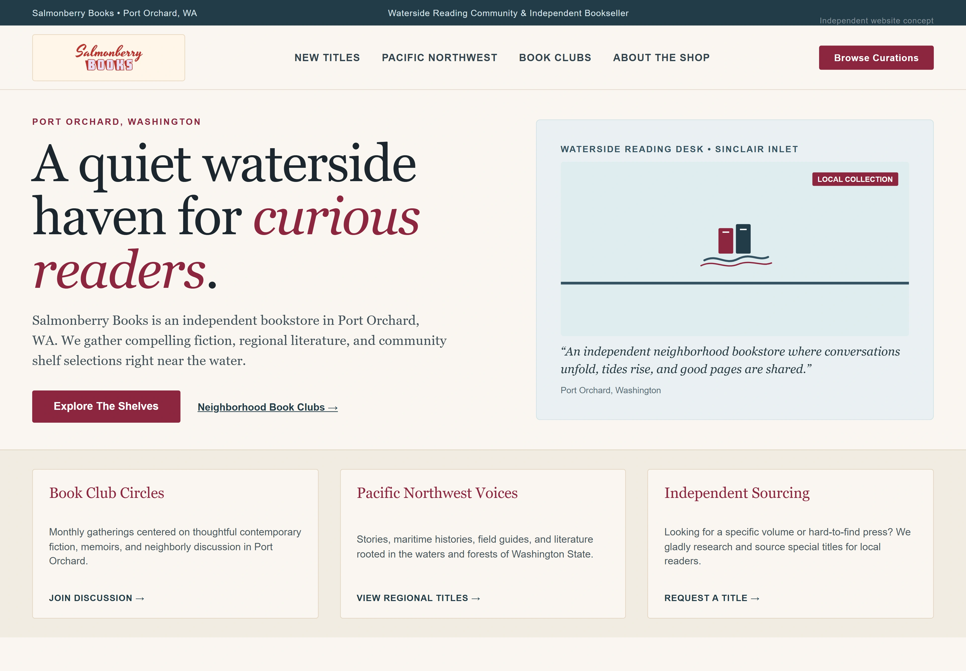 Salmonberry Books, individual website design concept A