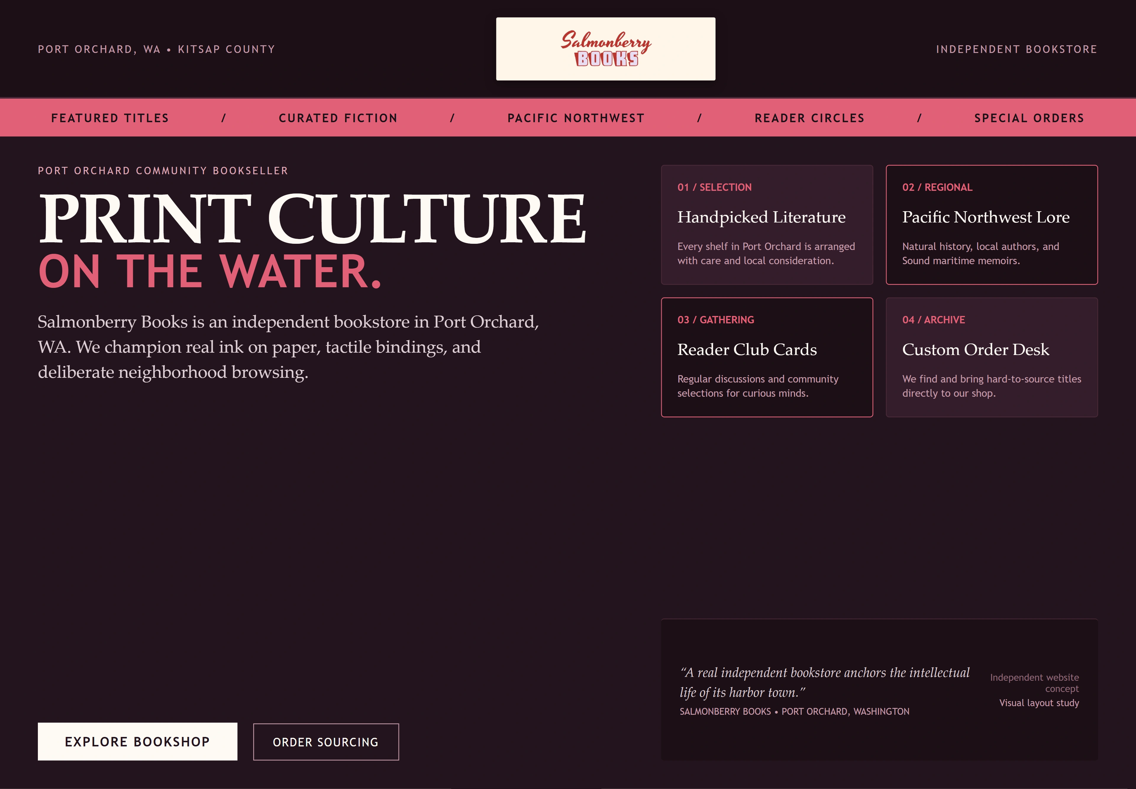 Salmonberry Books, individual website design concept B