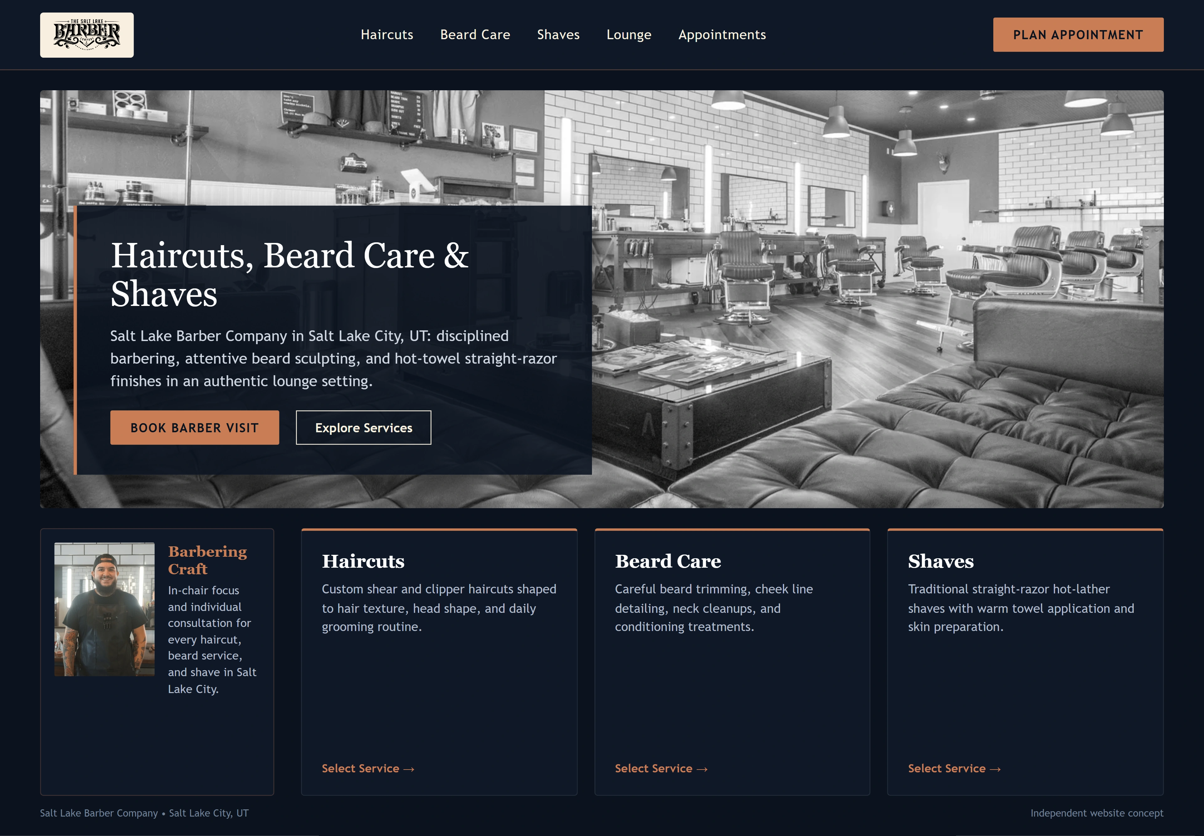 Salt Lake Barber Company, individual website design concept A