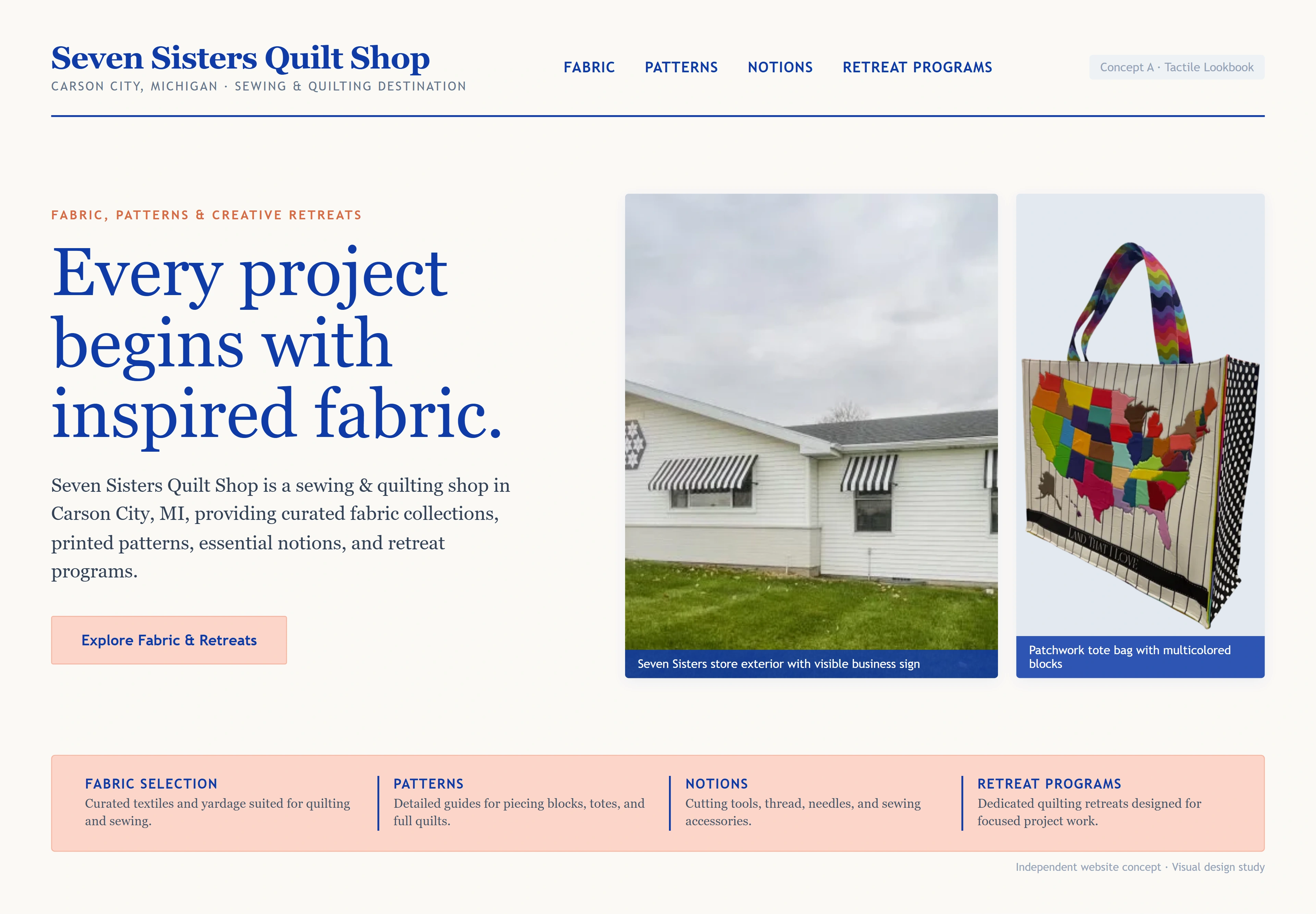 Seven Sisters Quilt Shop, individual website design concept A