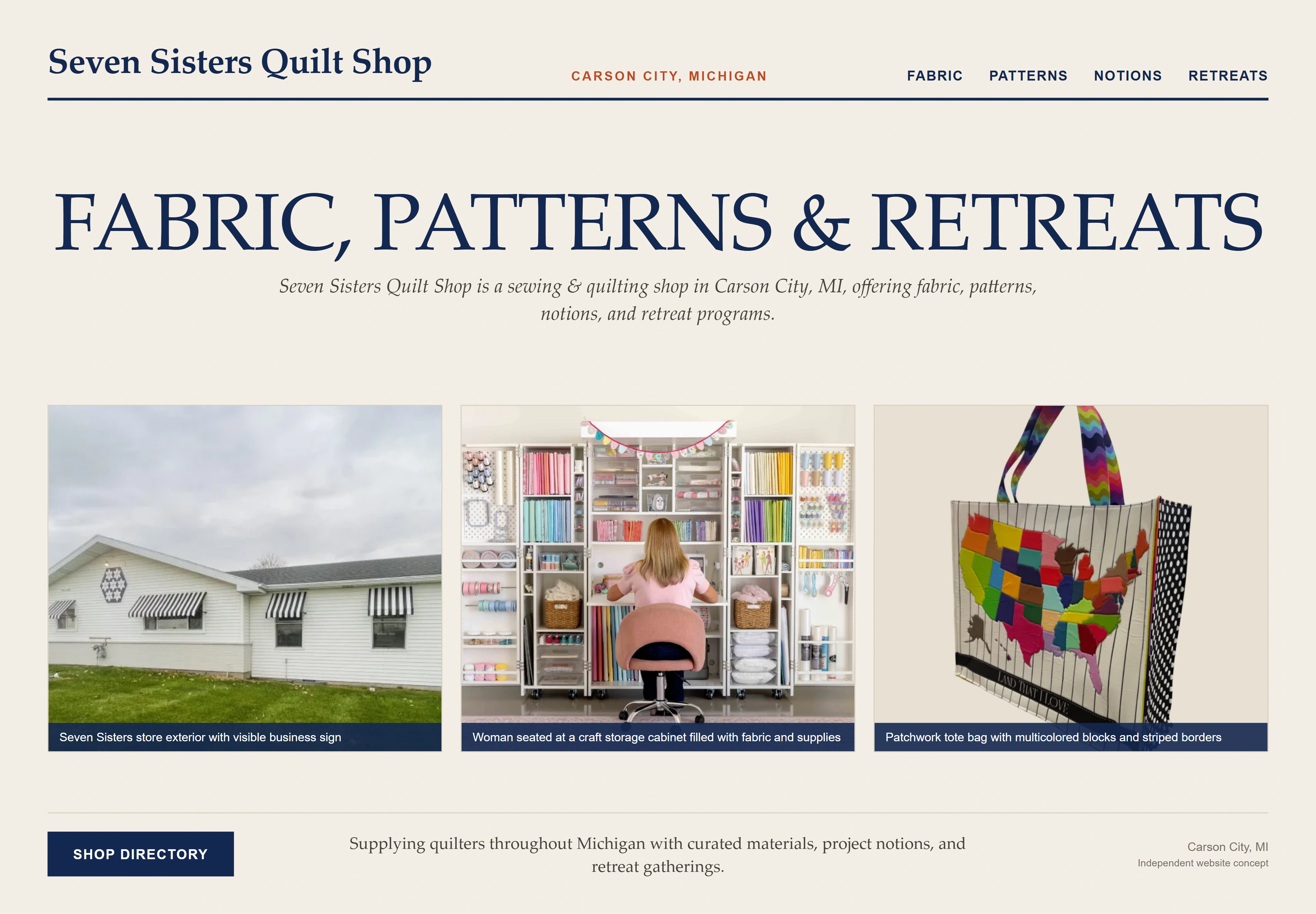 Seven Sisters Quilt Shop, individual website design concept C