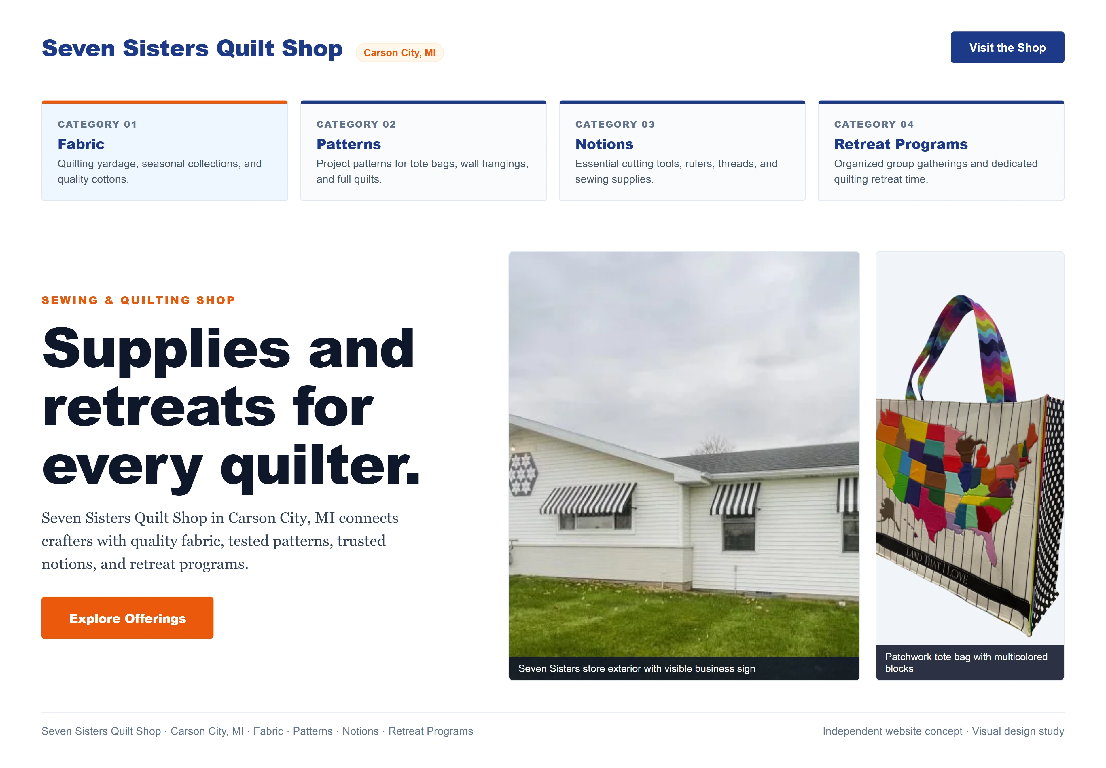 Seven Sisters Quilt Shop, individual website design concept D