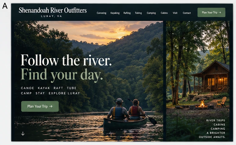 Shenandoah River Outfitters, individual website design concept A