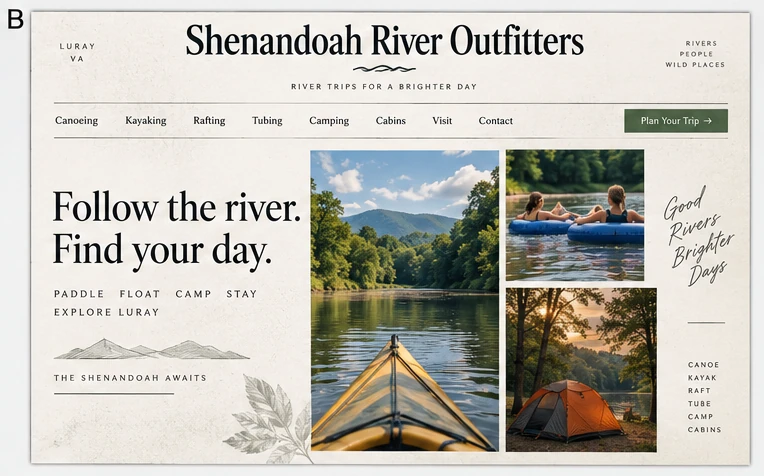 Shenandoah River Outfitters, individual website design concept B