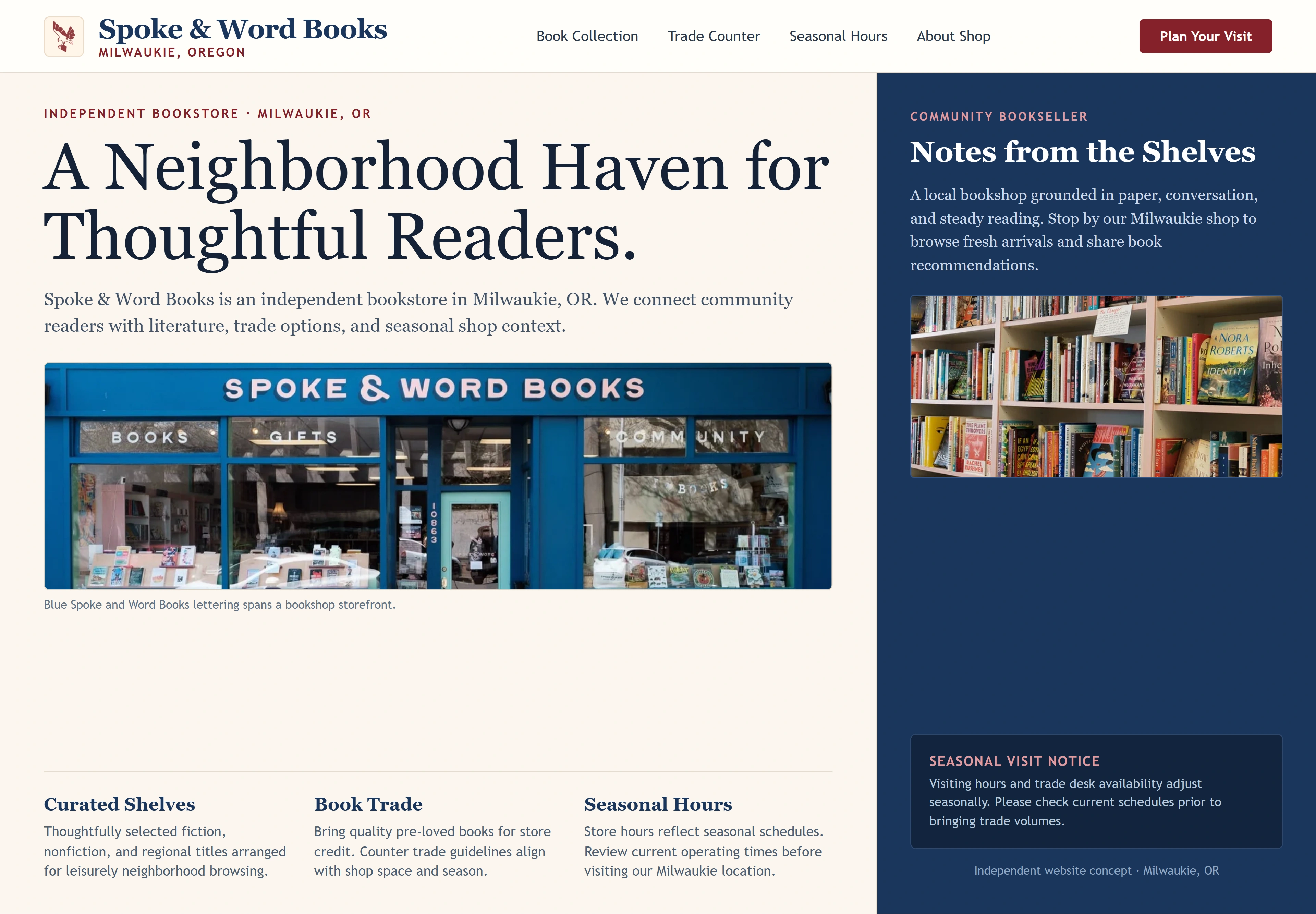 Spoke & Word Books, individual website design concept A