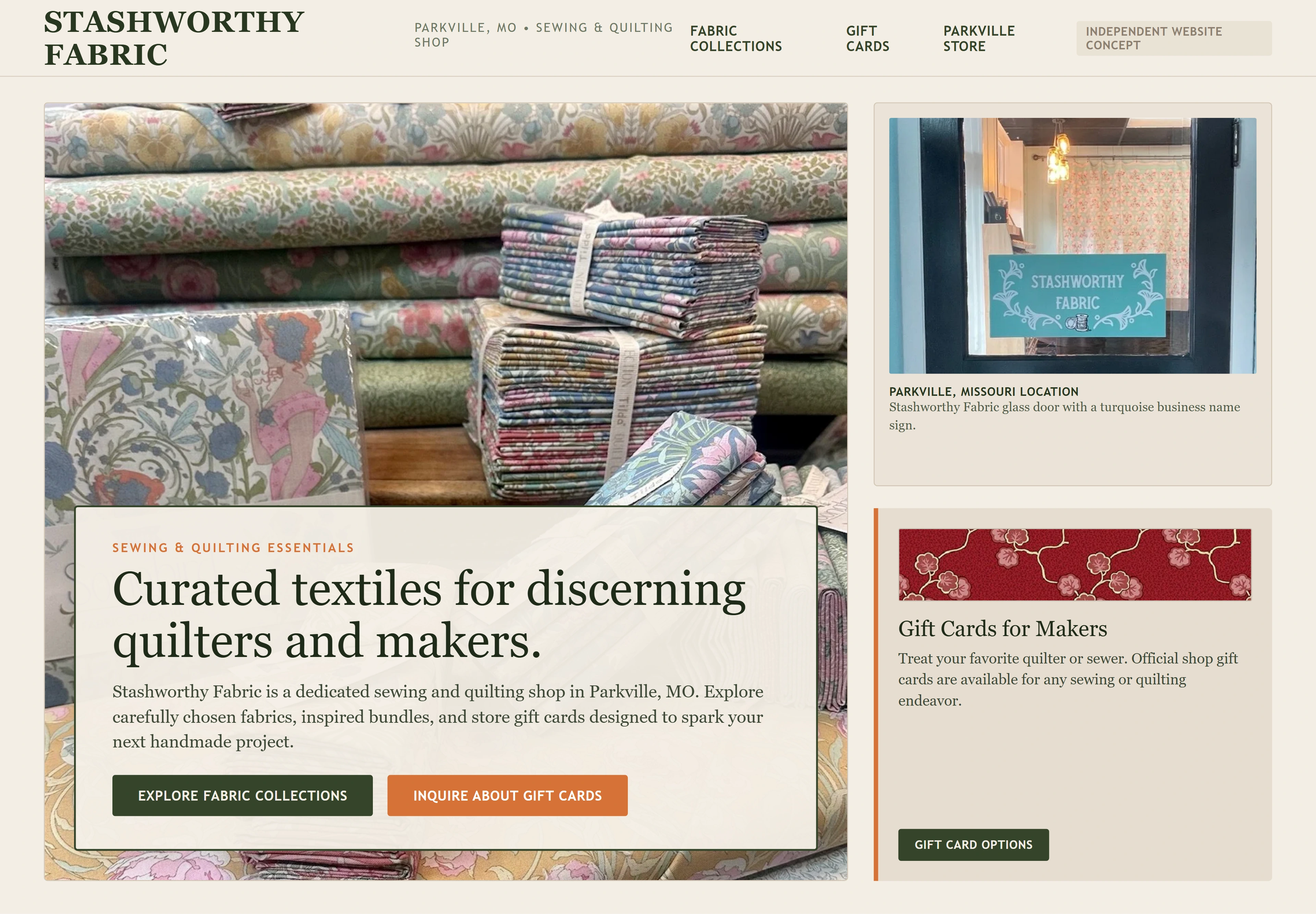 Stashworthy Fabric, individual website design concept A