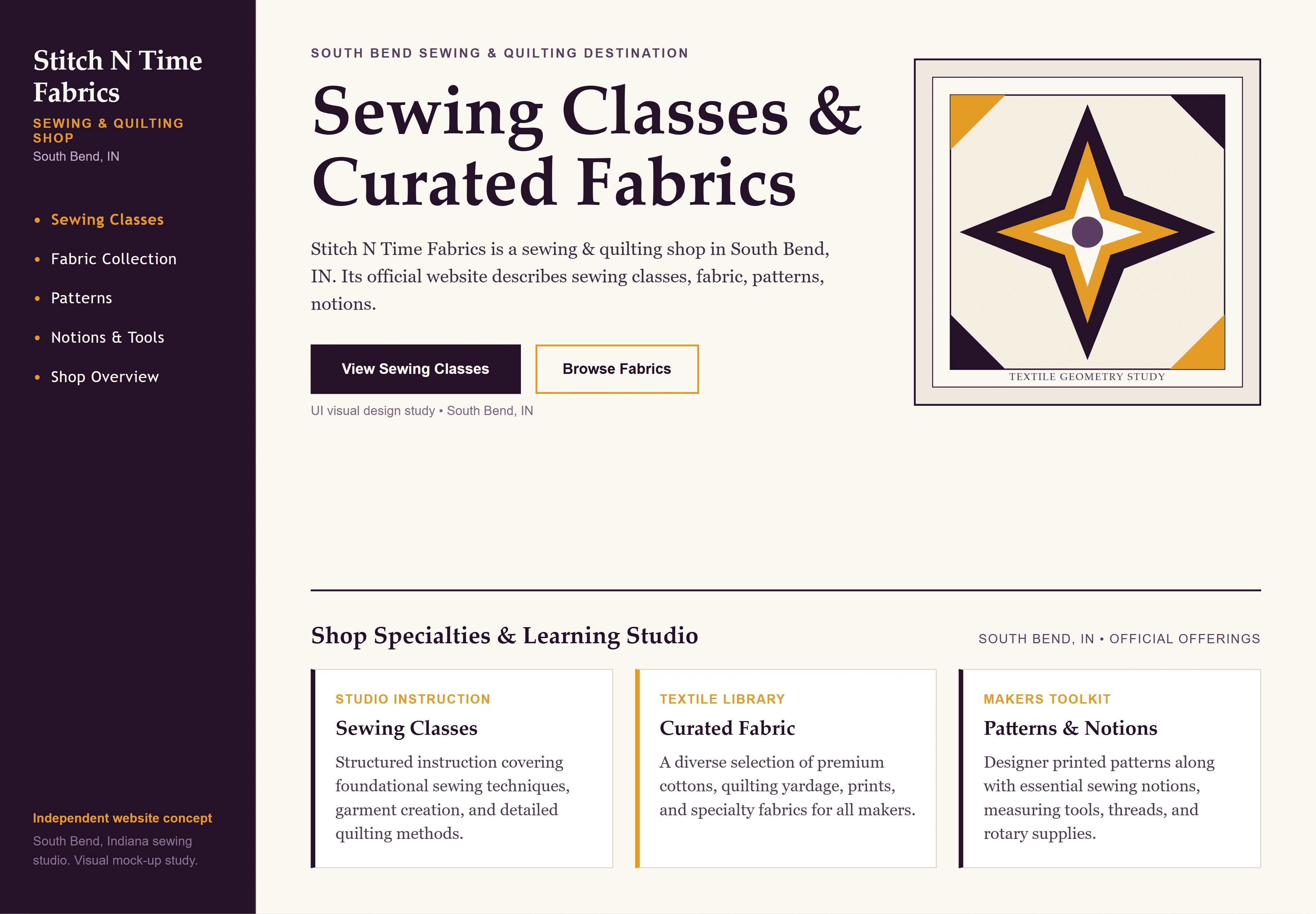 Stitch N Time Fabrics, individual website design concept A