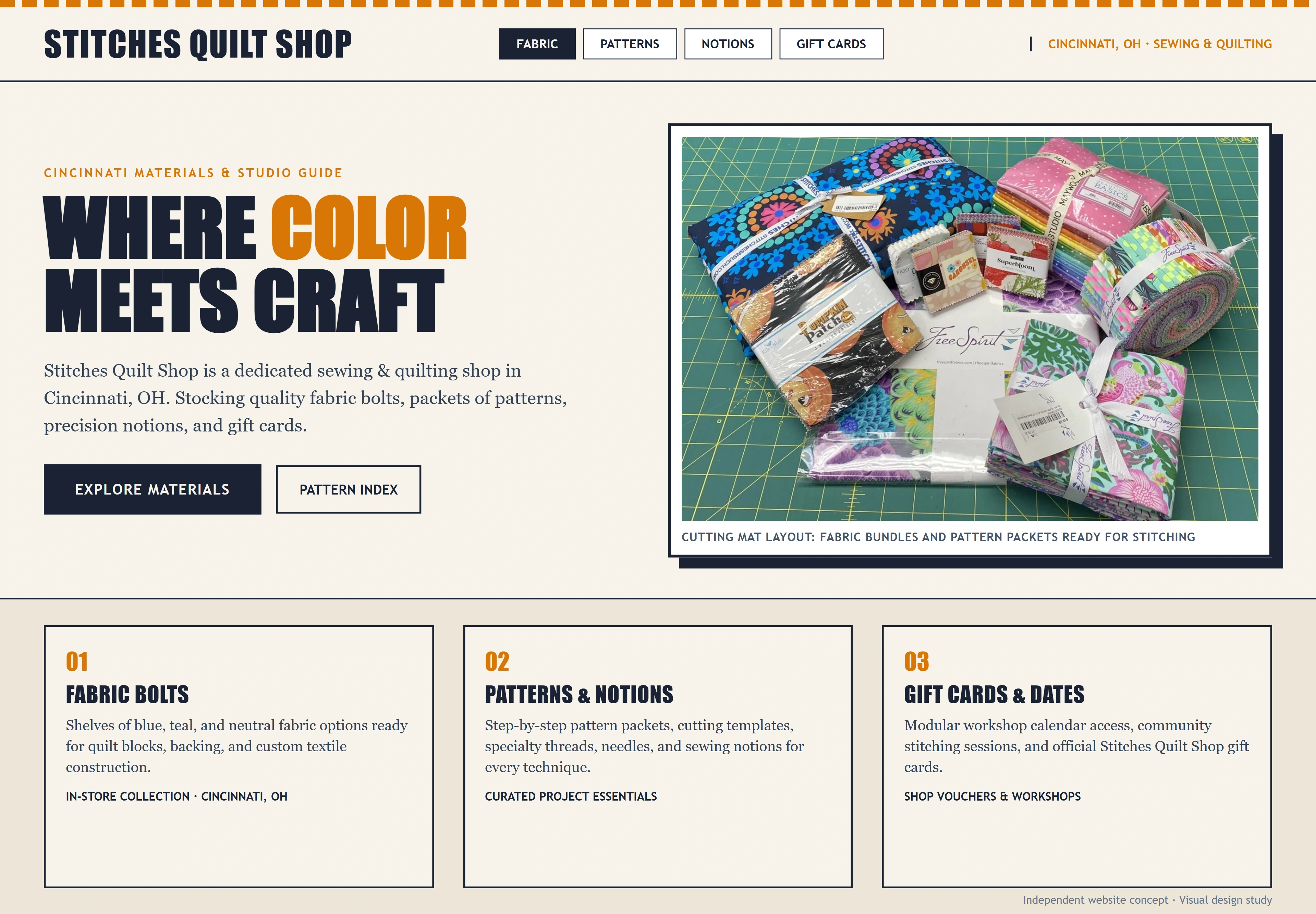 Stitches Quilt Shop, individual website design concept B