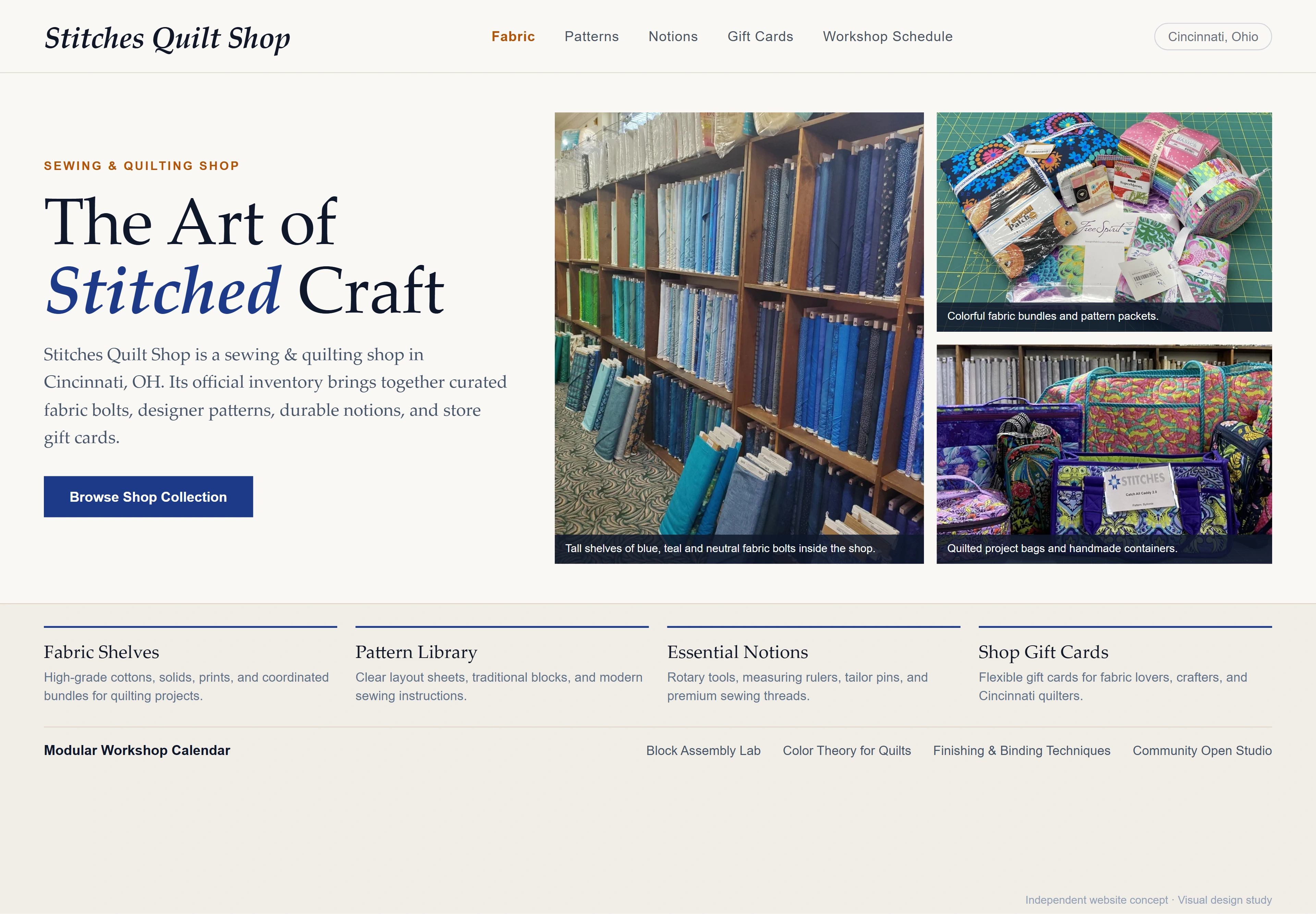 Stitches Quilt Shop, individual website design concept C
