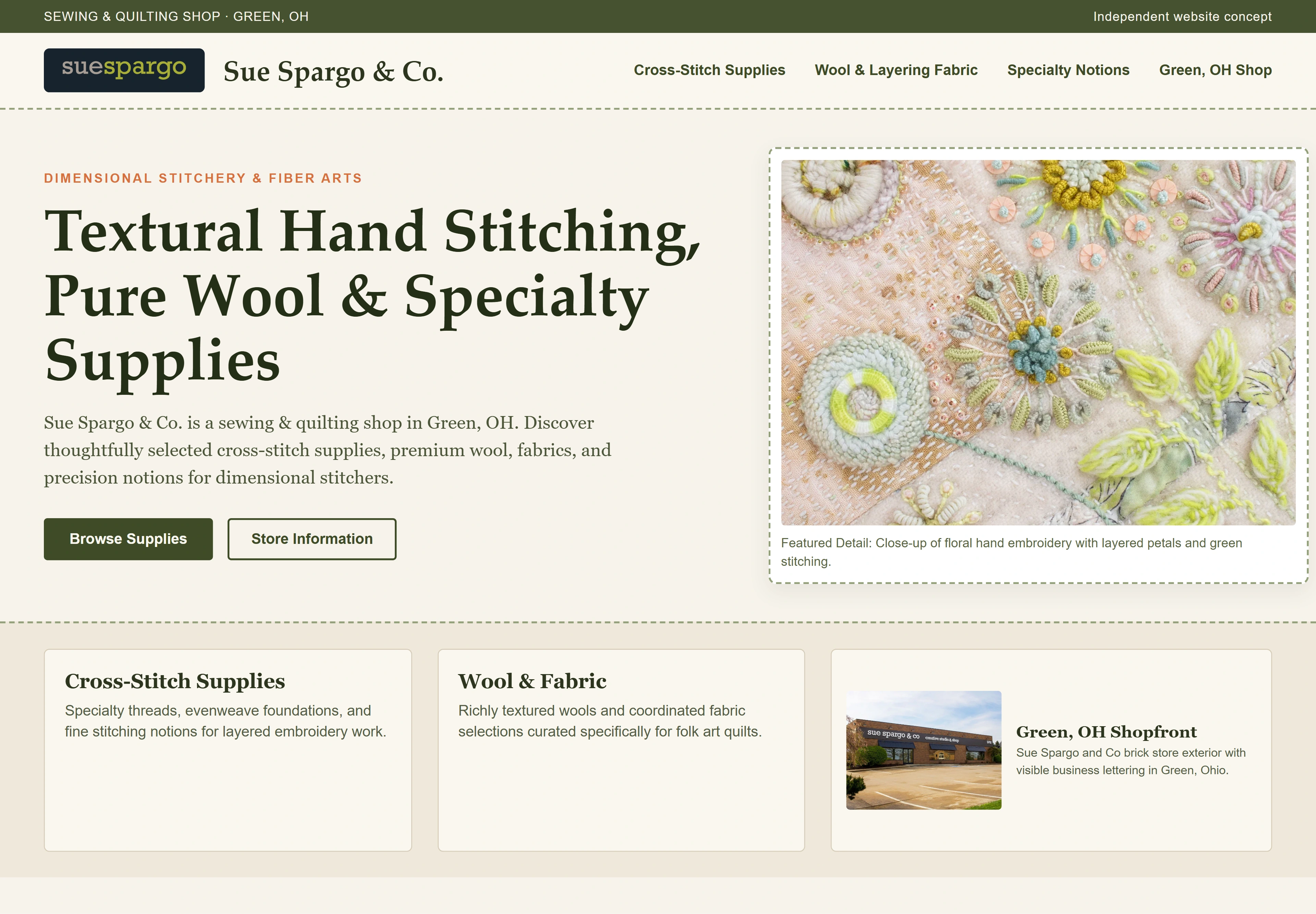 Sue Spargo & Co., individual website design concept A