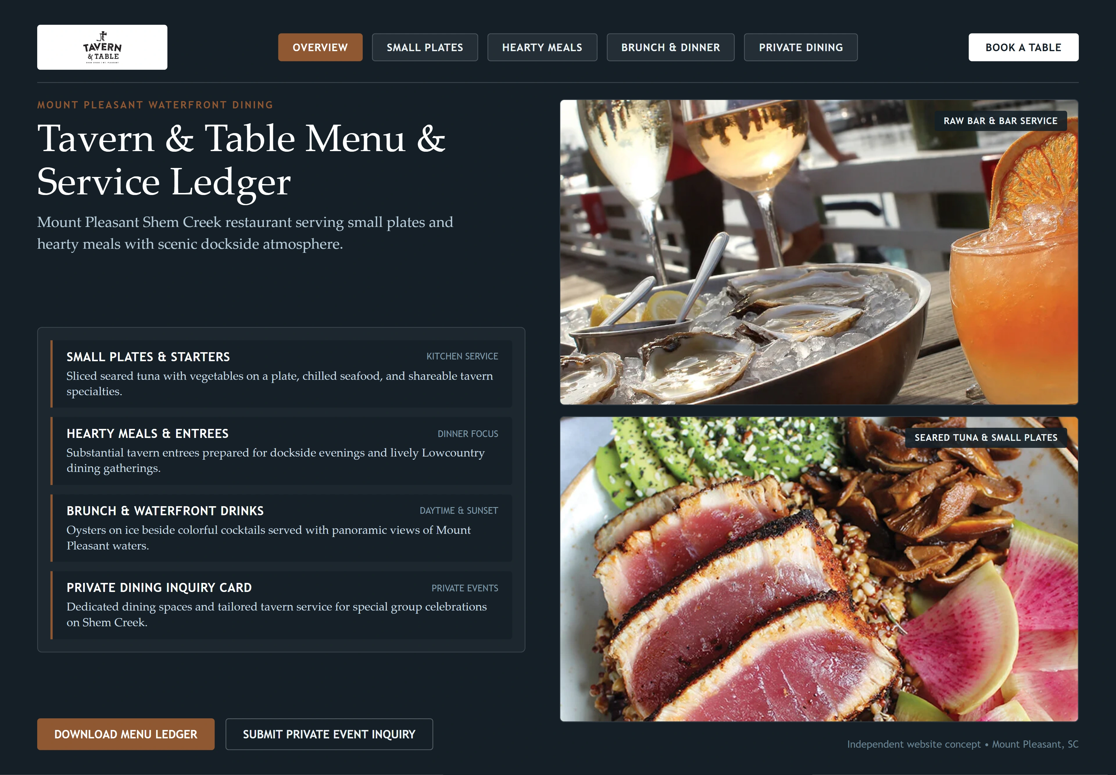 Tavern & Table, individual website design concept C