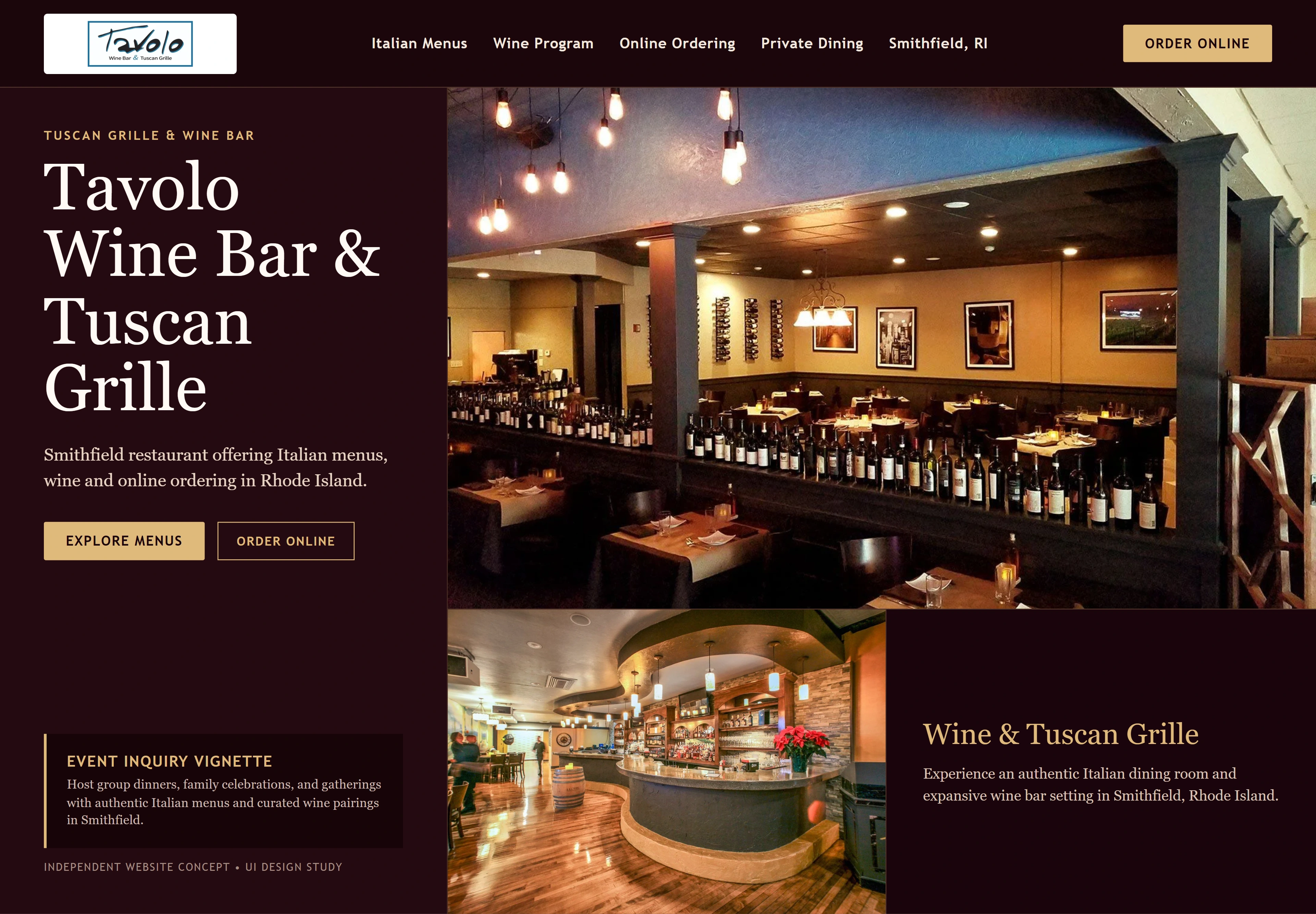 Tavolo Wine Bar & Tuscan Grille, individual website design concept A