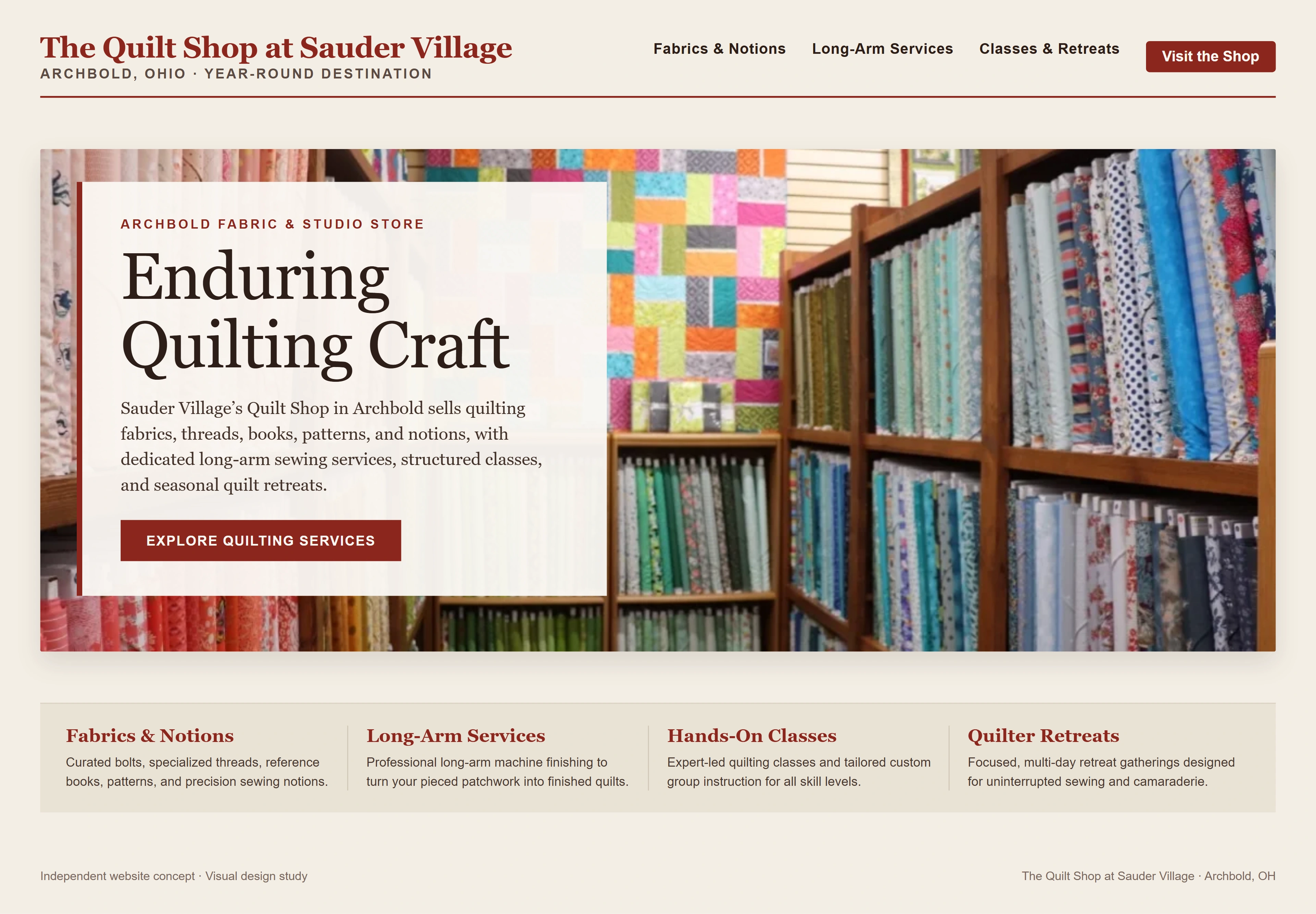 The Quilt Shop at Sauder Village, individual website design concept A