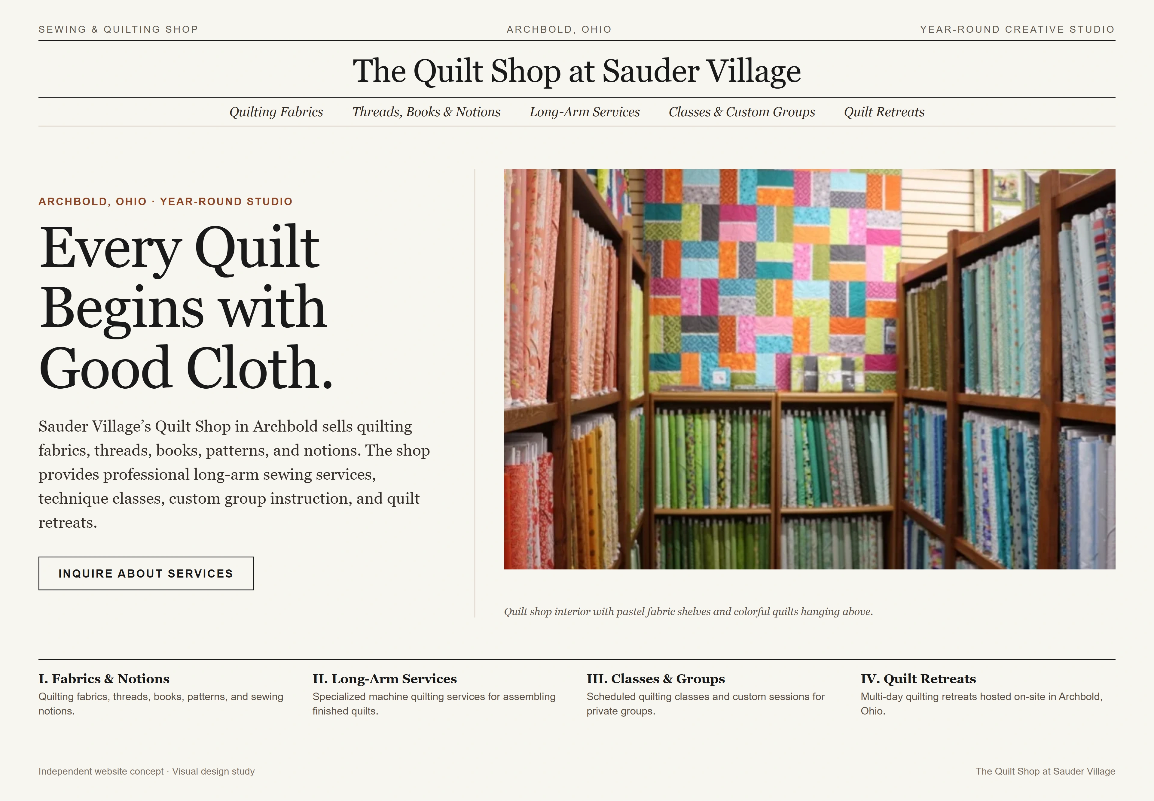 The Quilt Shop at Sauder Village, individual website design concept D