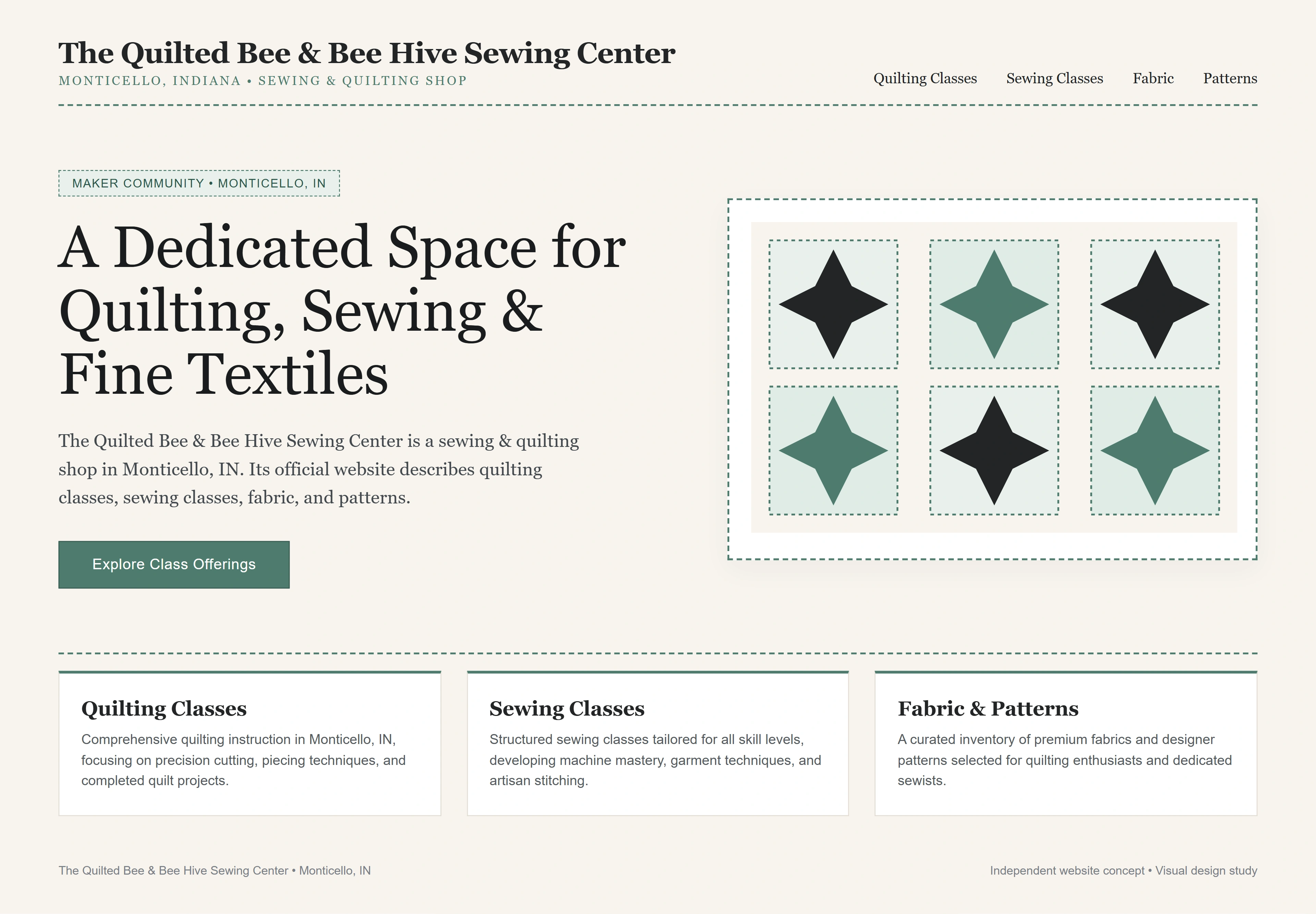 The Quilted Bee & Bee Hive Sewing Center, individual website design concept A