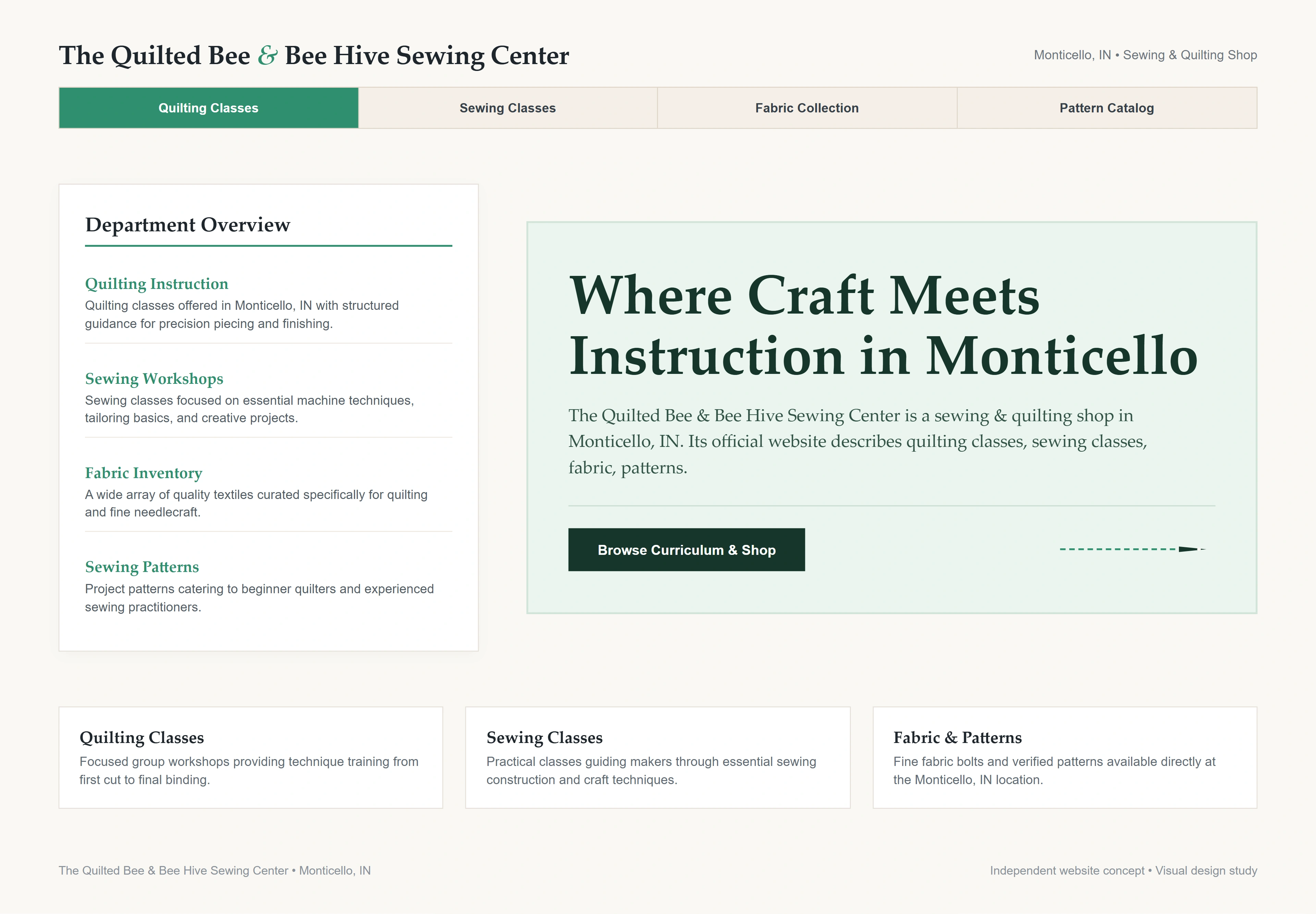 The Quilted Bee & Bee Hive Sewing Center, individual website design concept C